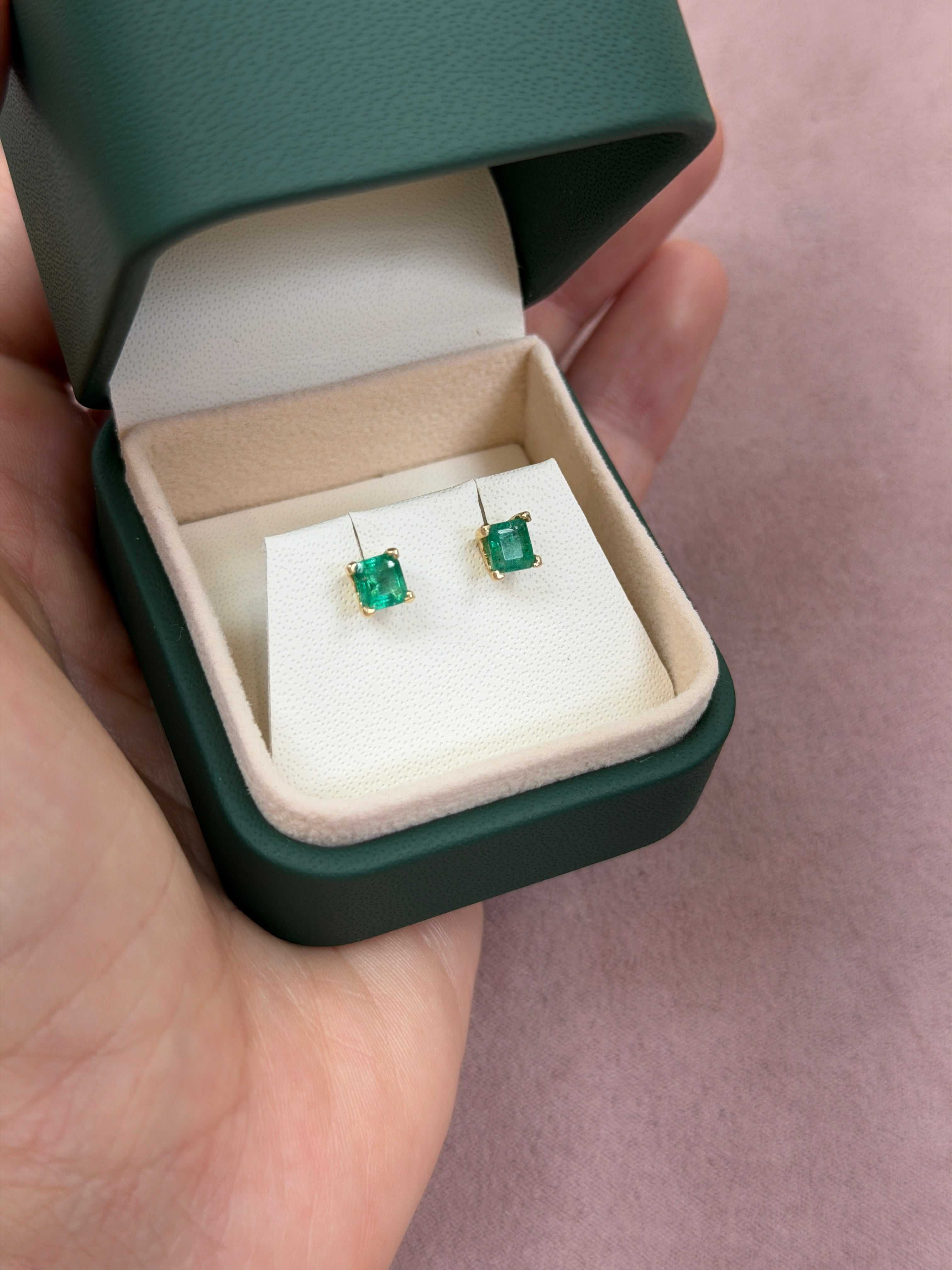 1.05tcw Princess Cut Emerald Studs 14K Gold