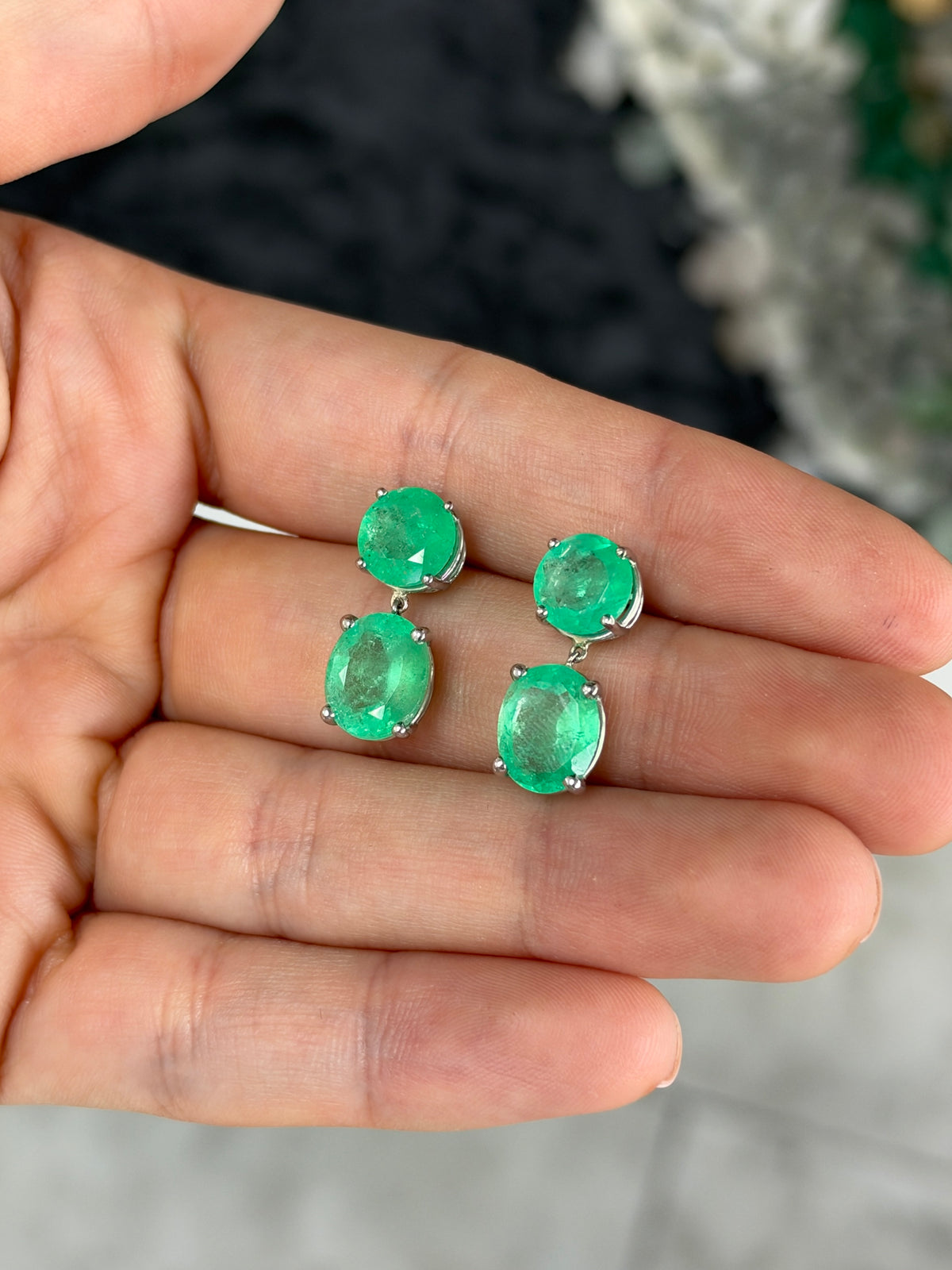 10.0tcw Round & Oval Cut Colombian Emerald Dangle Earrings in Platinum