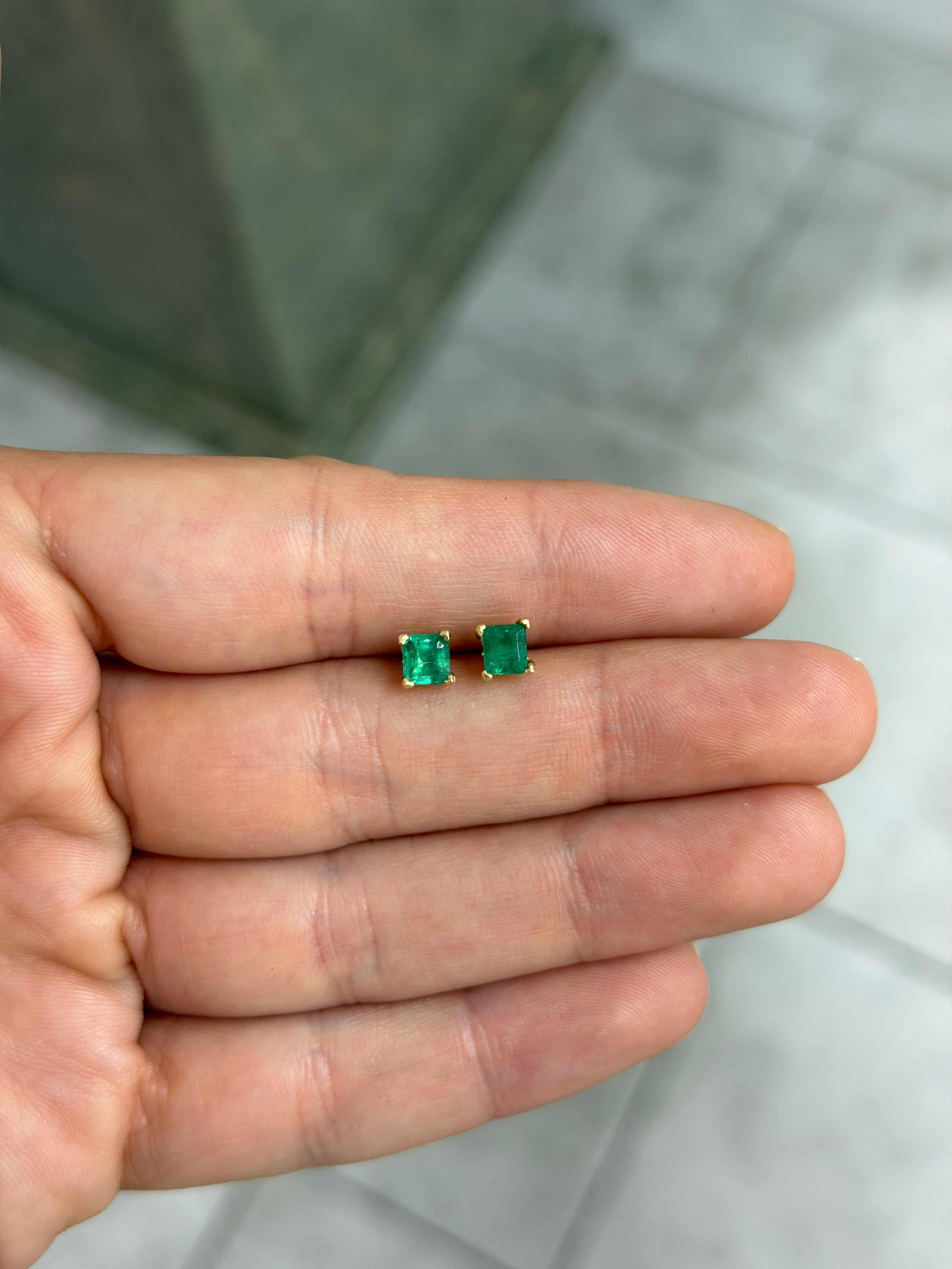 1.05tcw Princess Cut Emerald Studs 14K Gold