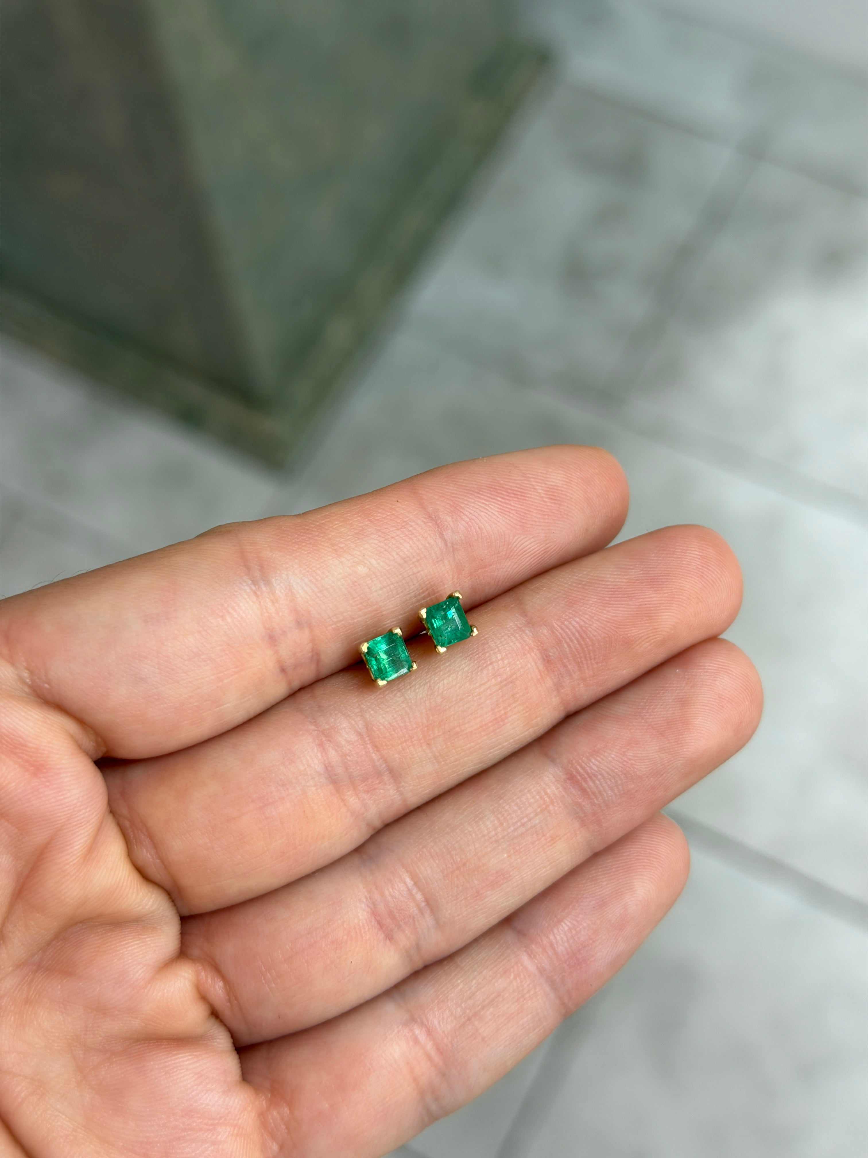 1.05tcw Princess Cut Emerald Studs 14K Gold