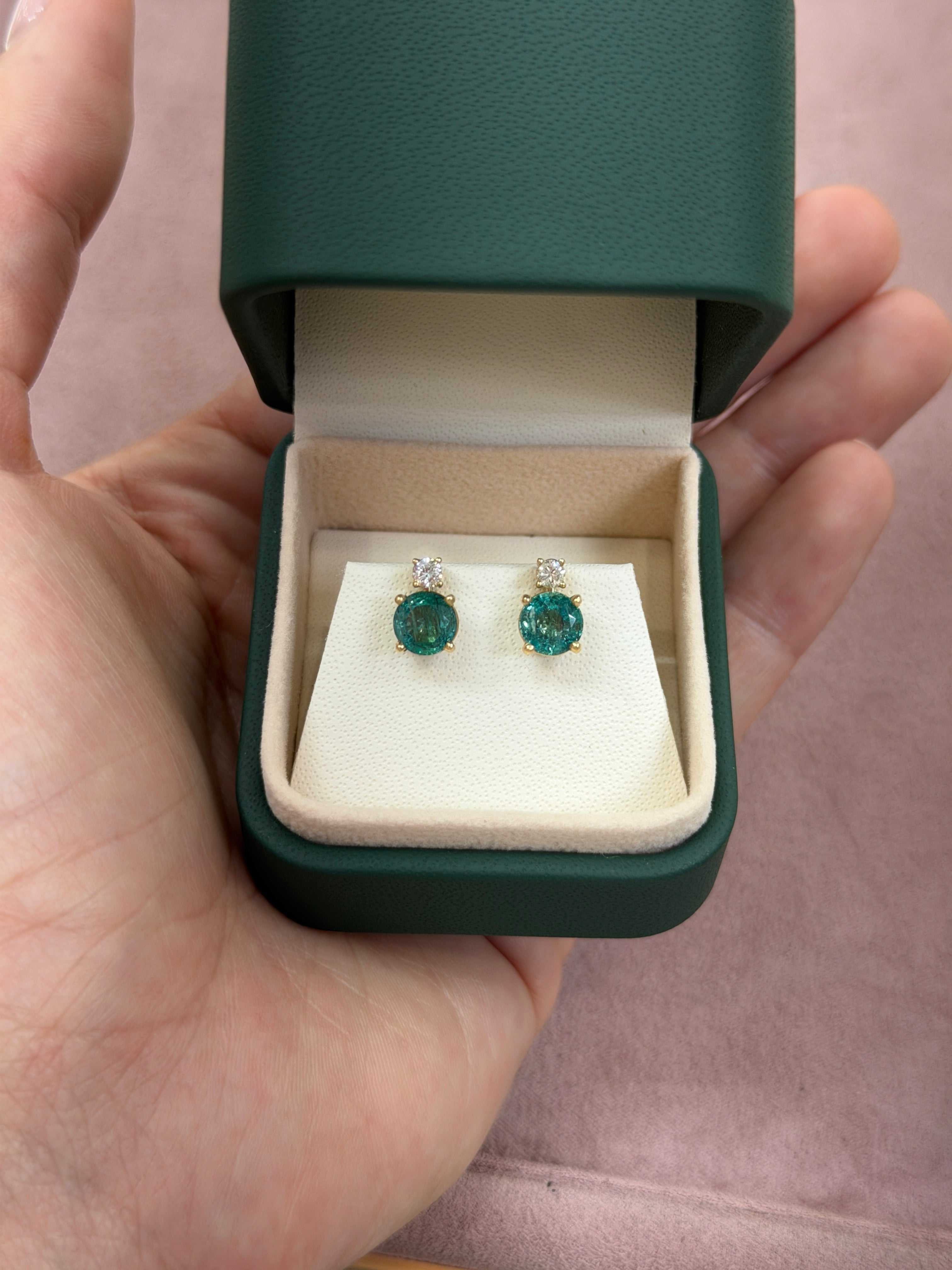 2.30tcw Round Emerald & Diamond Accented Stud 14K Gold