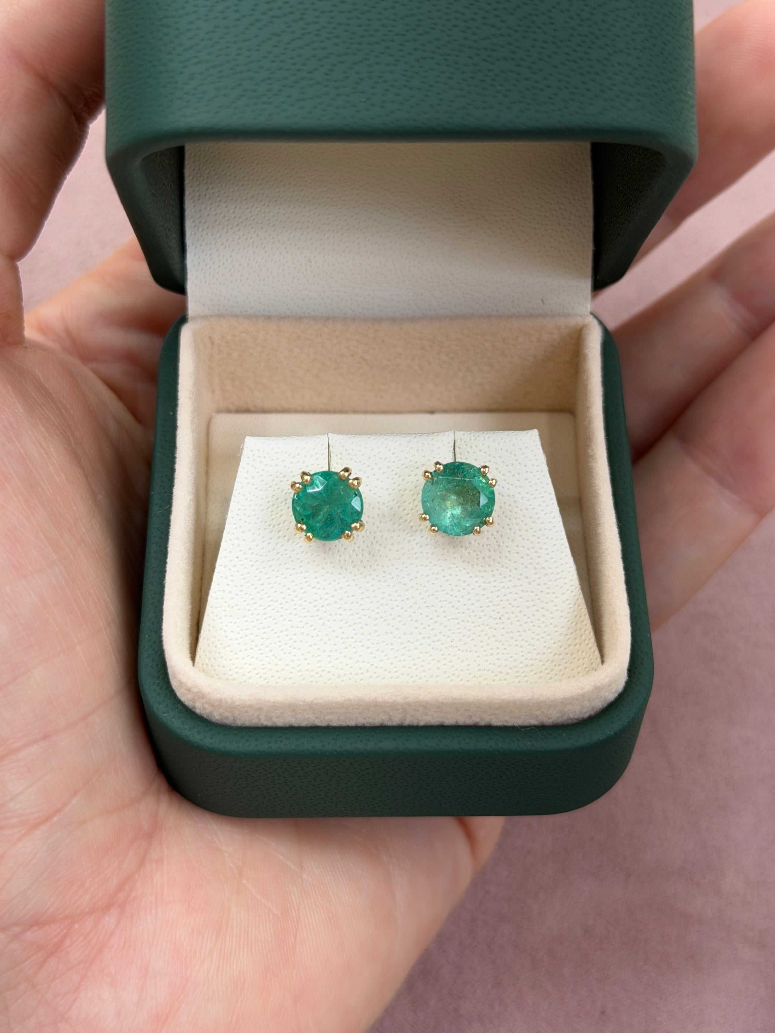 2.73tcw Double Prong Round Emerald Studs 14K
