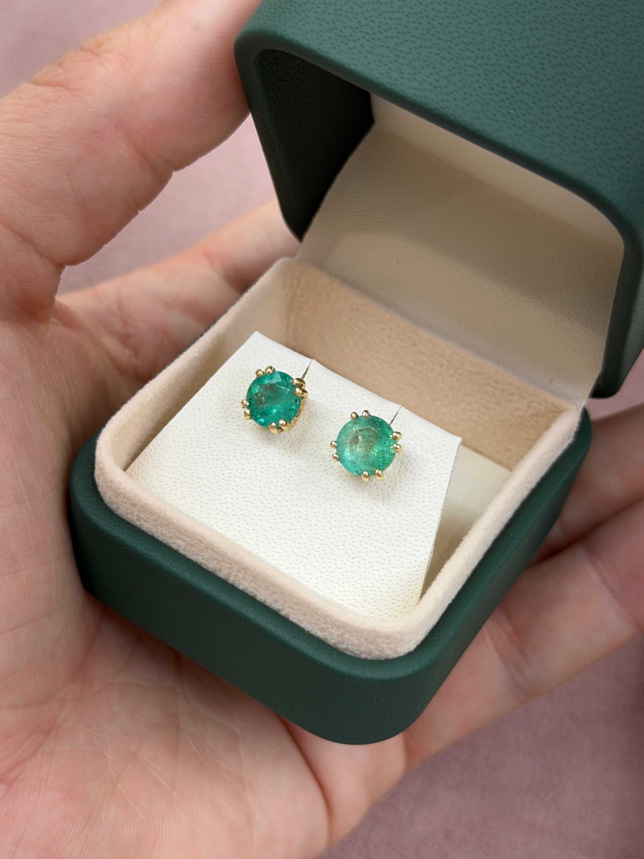 2.73tcw Double Prong Round Emerald Studs 14K