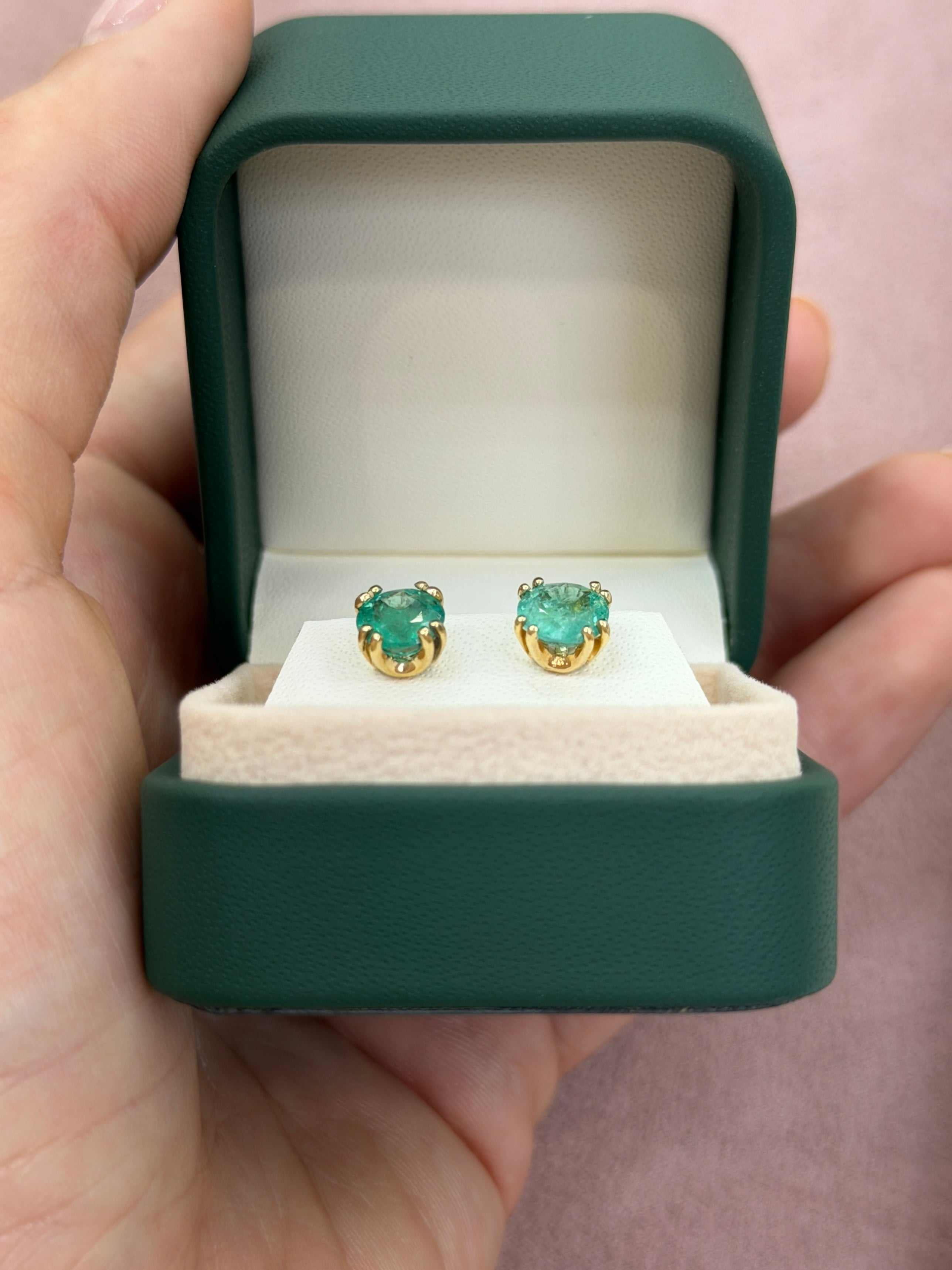 2.73tcw Double Prong Round Emerald Studs 14K