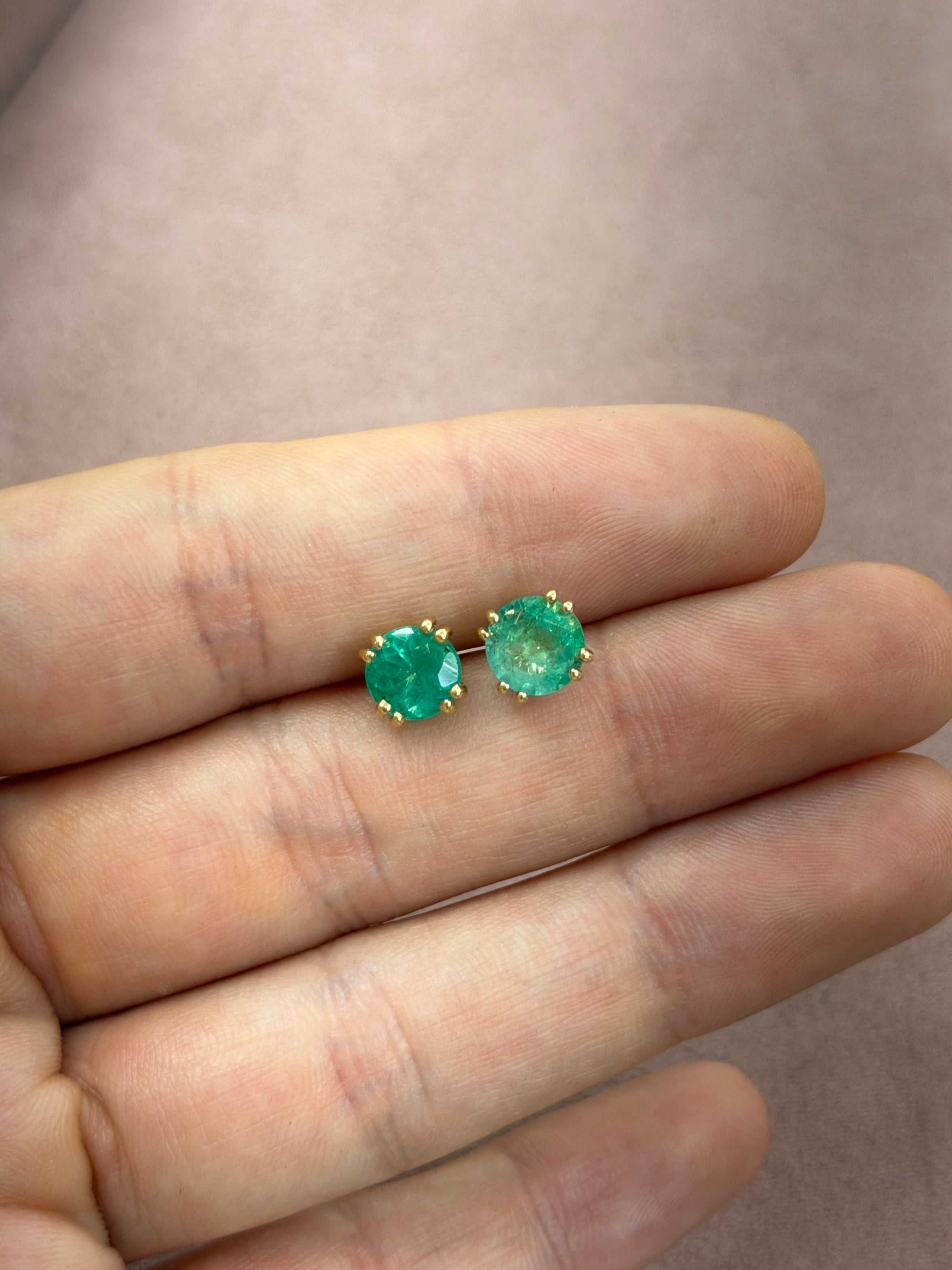 2.73tcw Double Prong Round Emerald Studs 14K