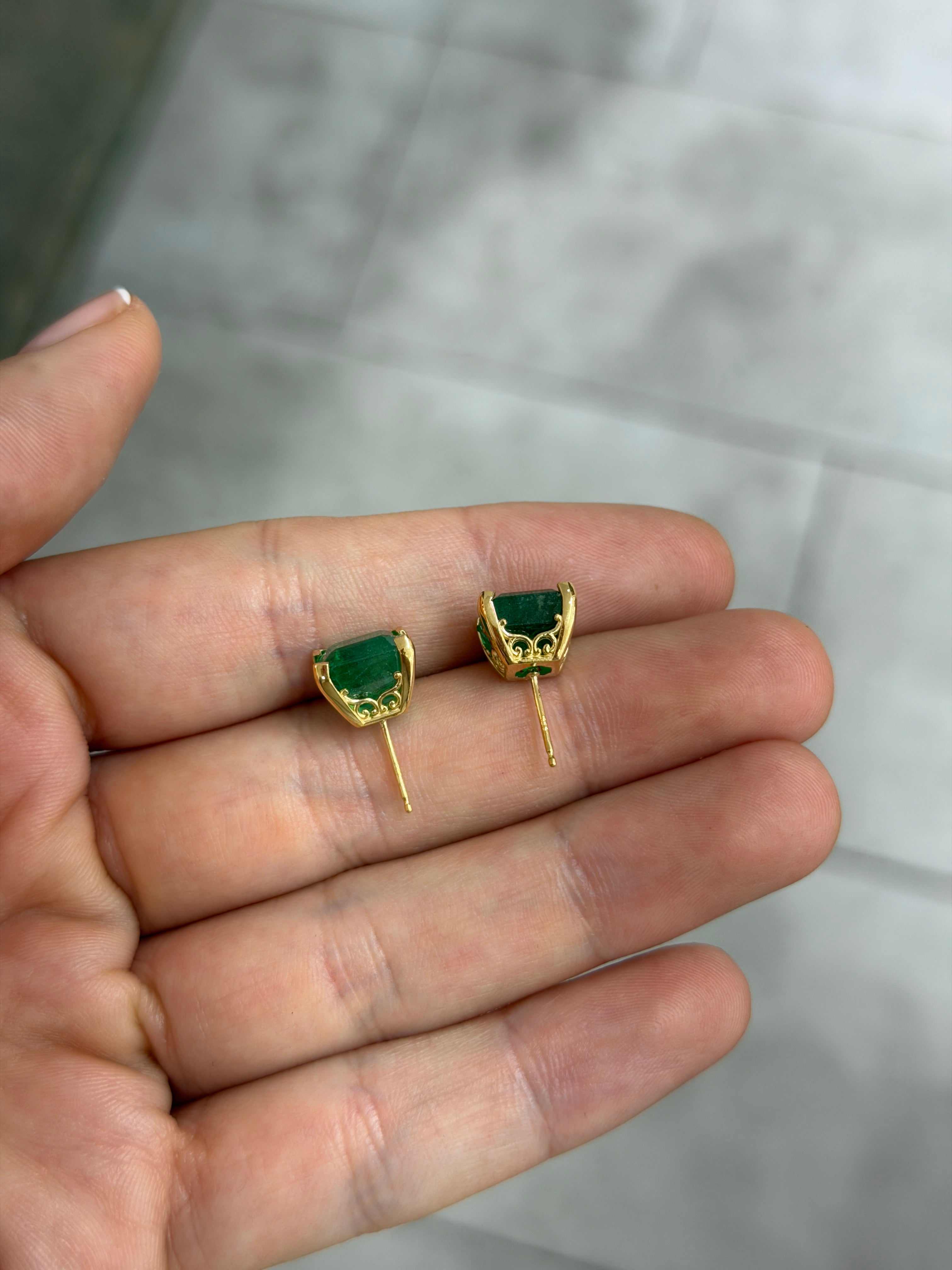 8.40tcw Chunky Emerald Cut Fleur De Lis Studs 18K