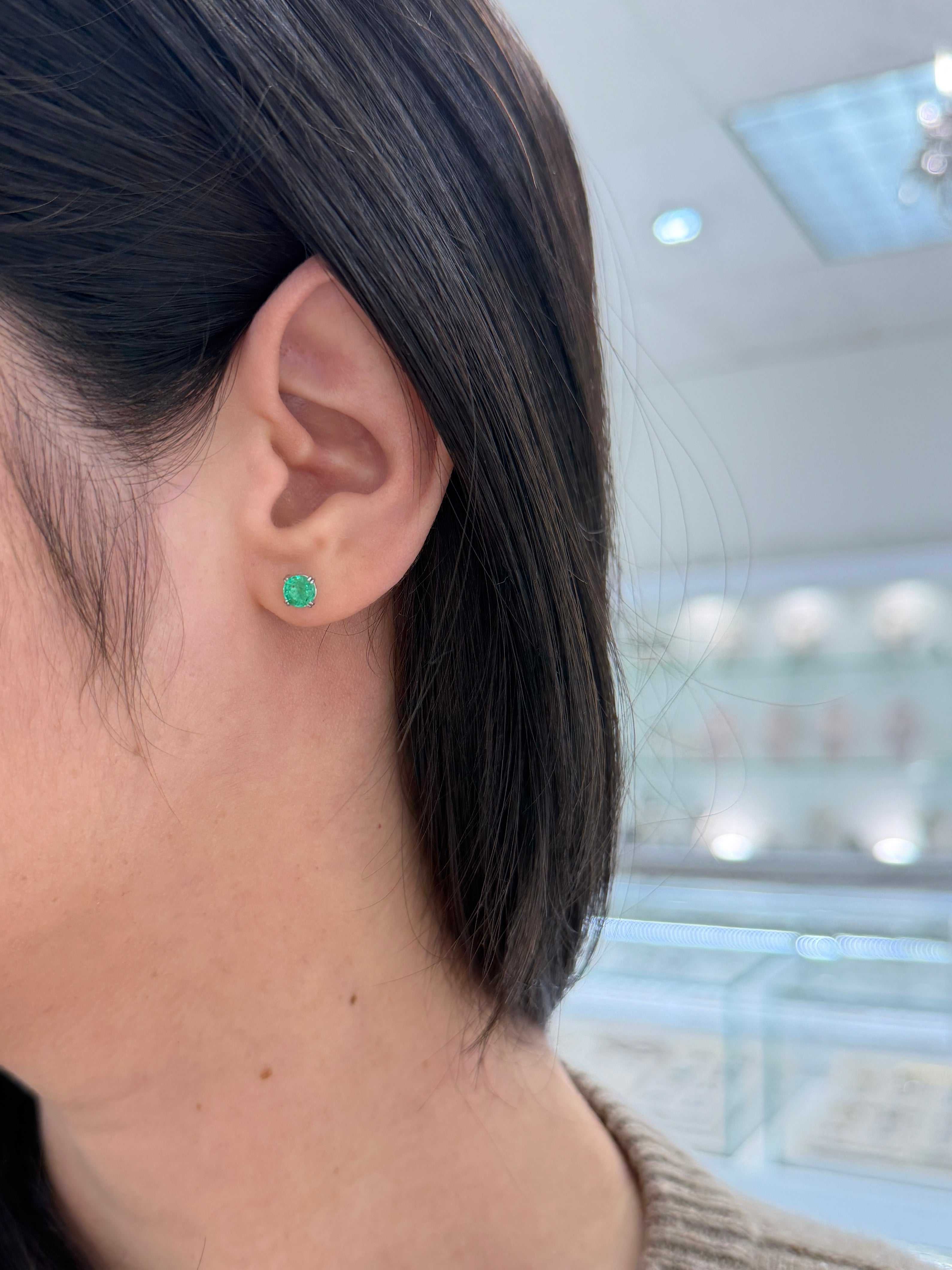 1.09tcw 5mm Double Prong Round Emerald Studs 14K White Gold