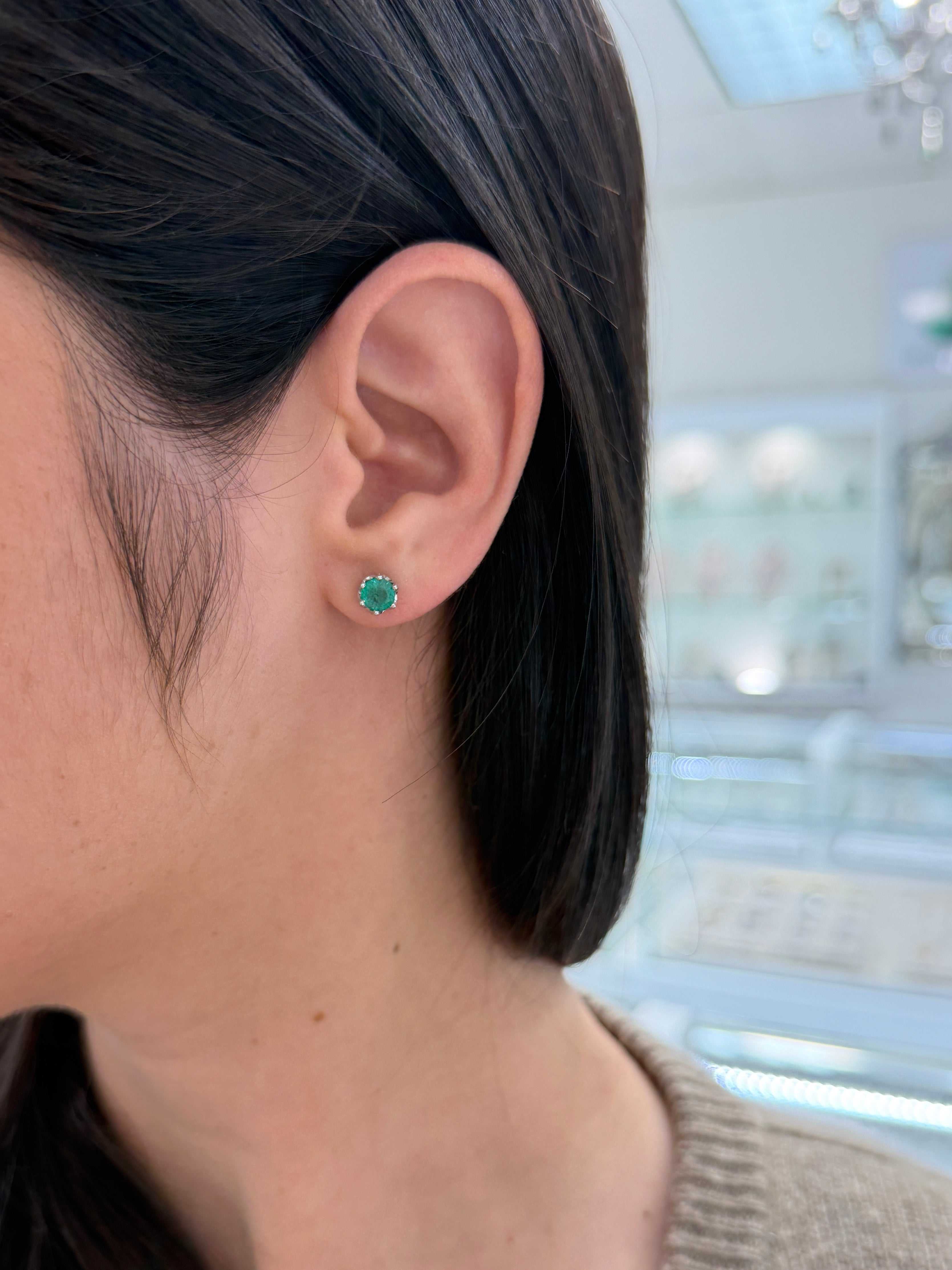 1.15tcw Six Prong Round Emerald White Gold Studs 14K