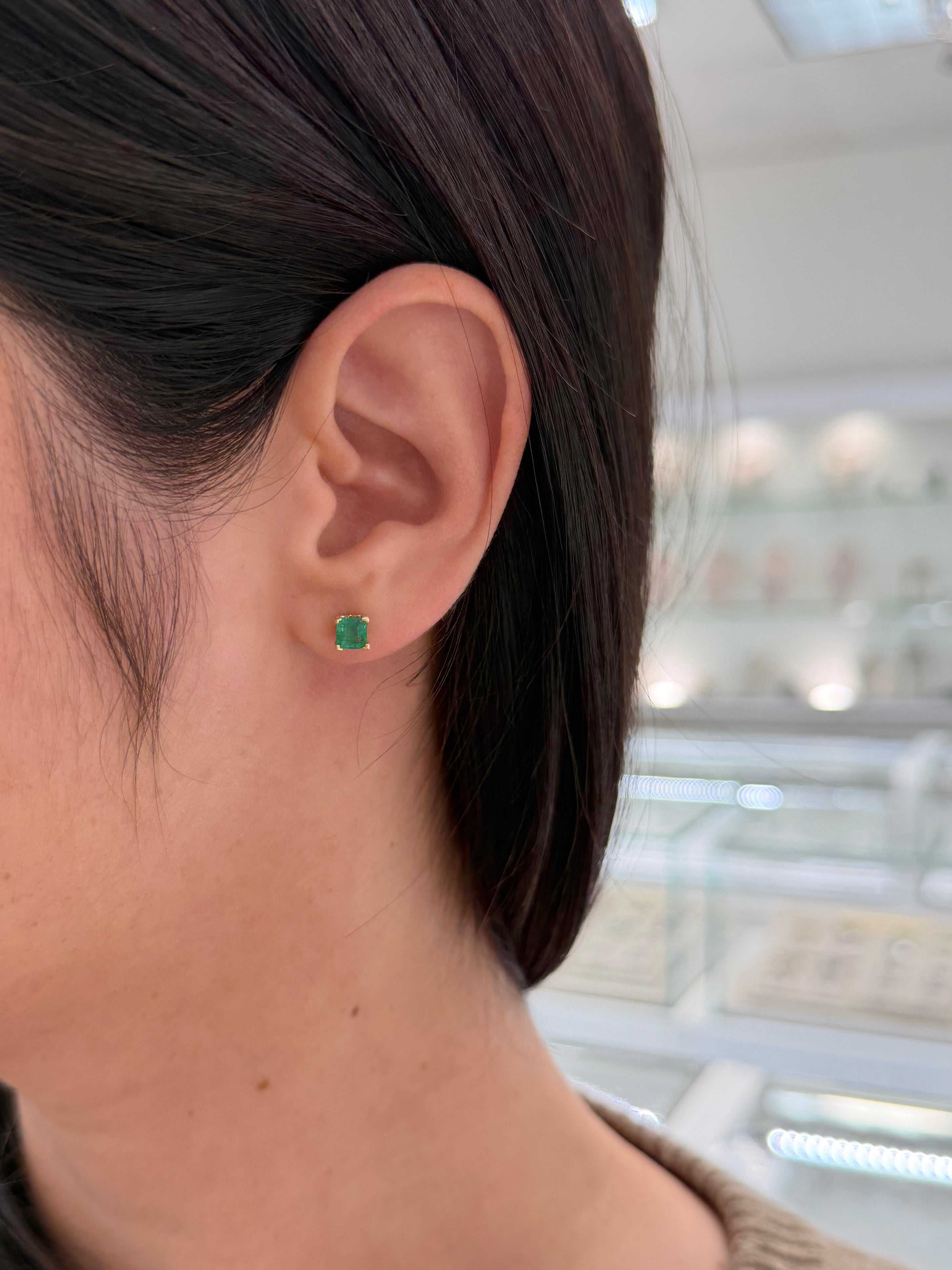 1.05tcw Princess Cut Emerald Studs 14K Gold