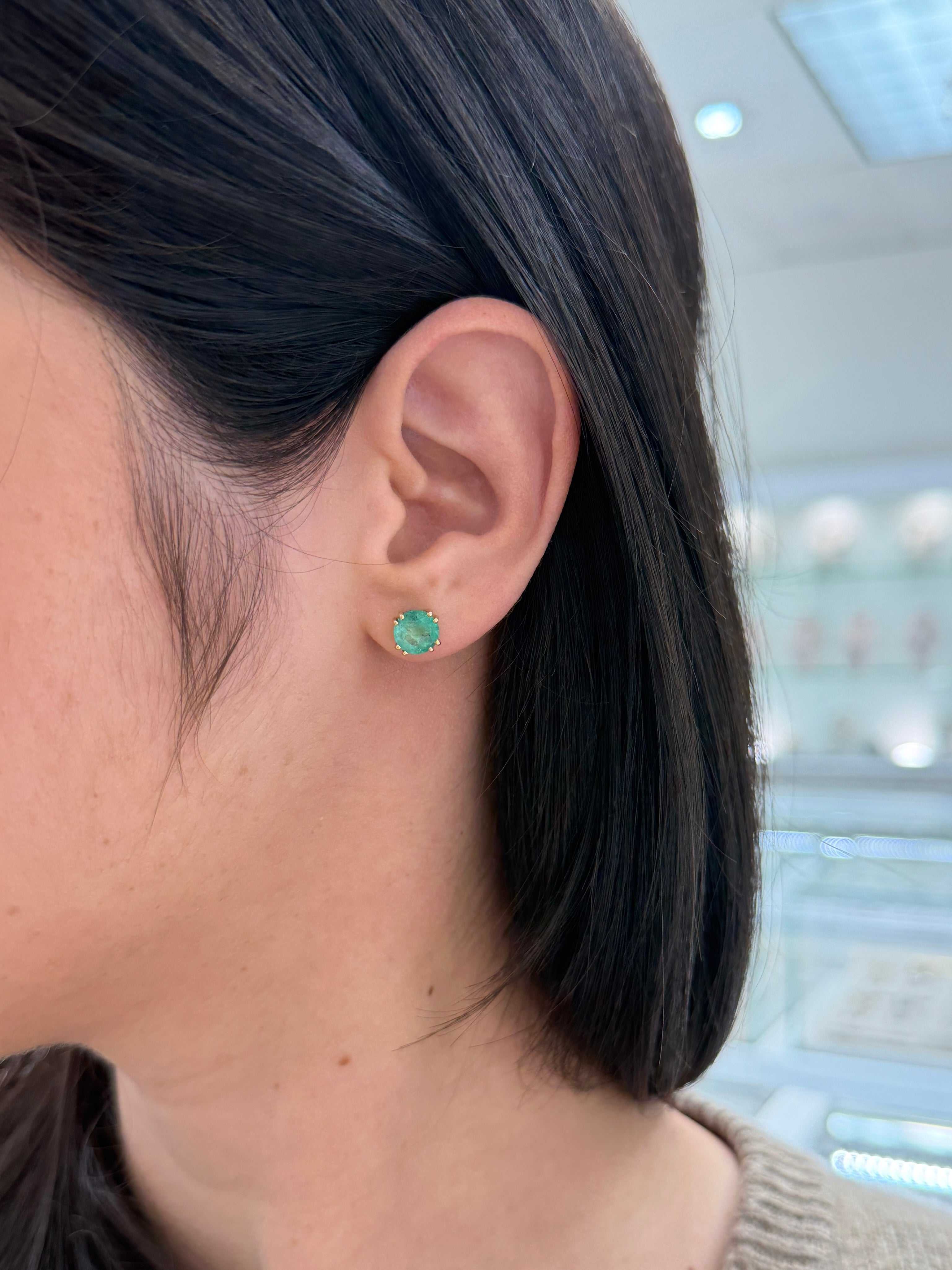 2.73tcw Double Prong Round Emerald Studs 14K