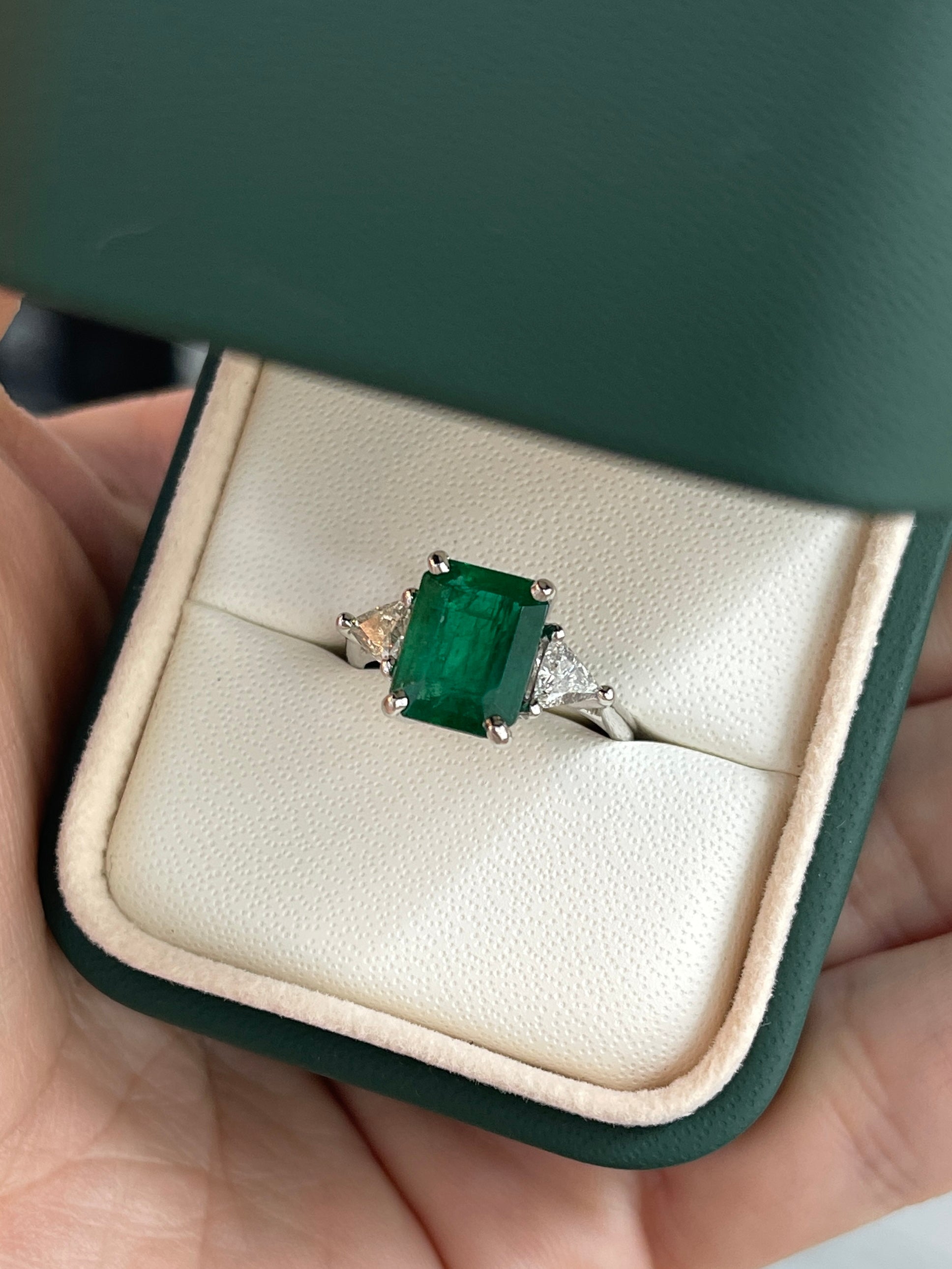3.26tcw Natural Zambian Emerald Cut Ring With Trillion Diamonds 18K White Gold