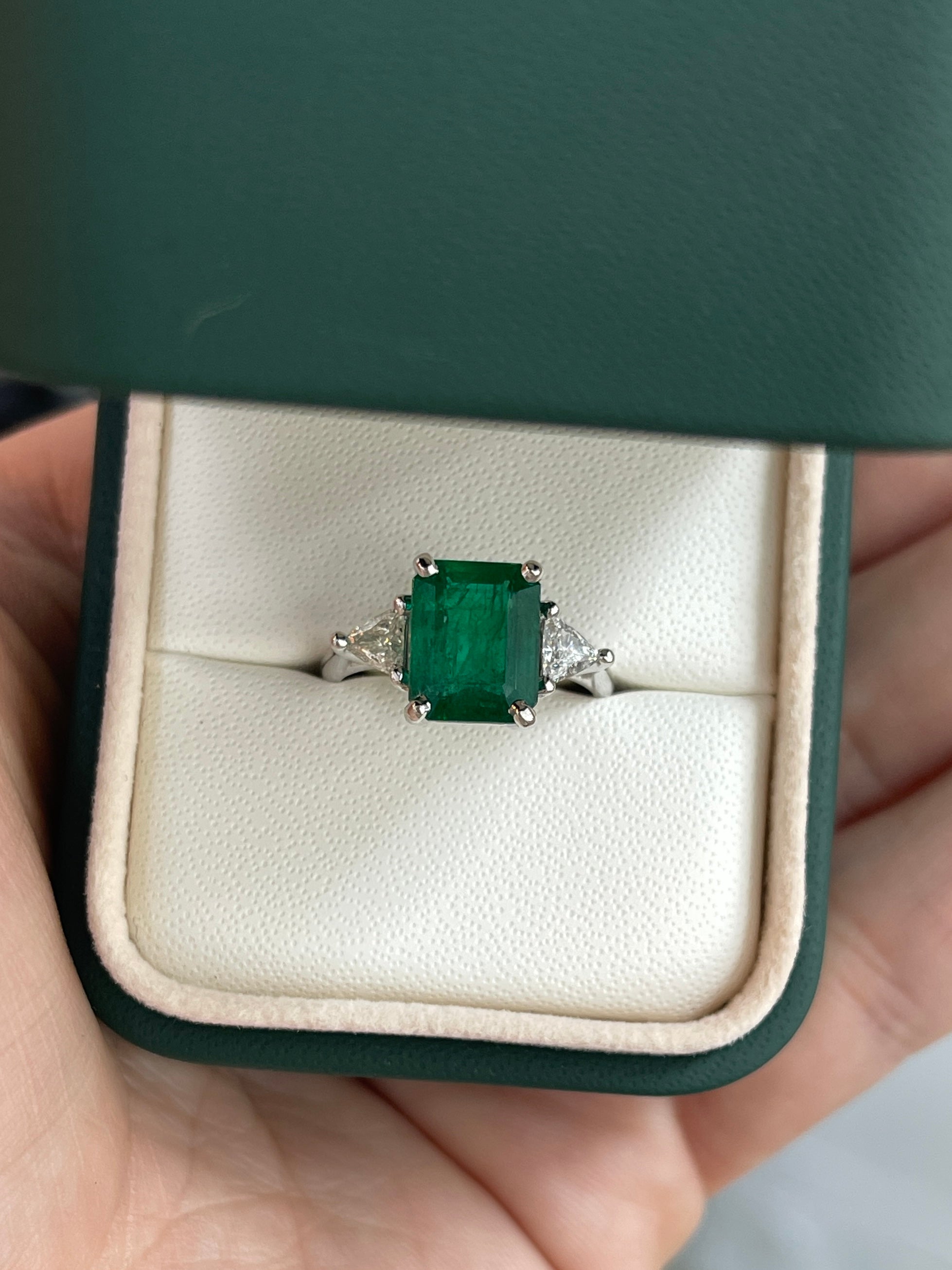 3.26tcw Natural Zambian Emerald Cut Ring With Trillion Diamonds 18K White Gold