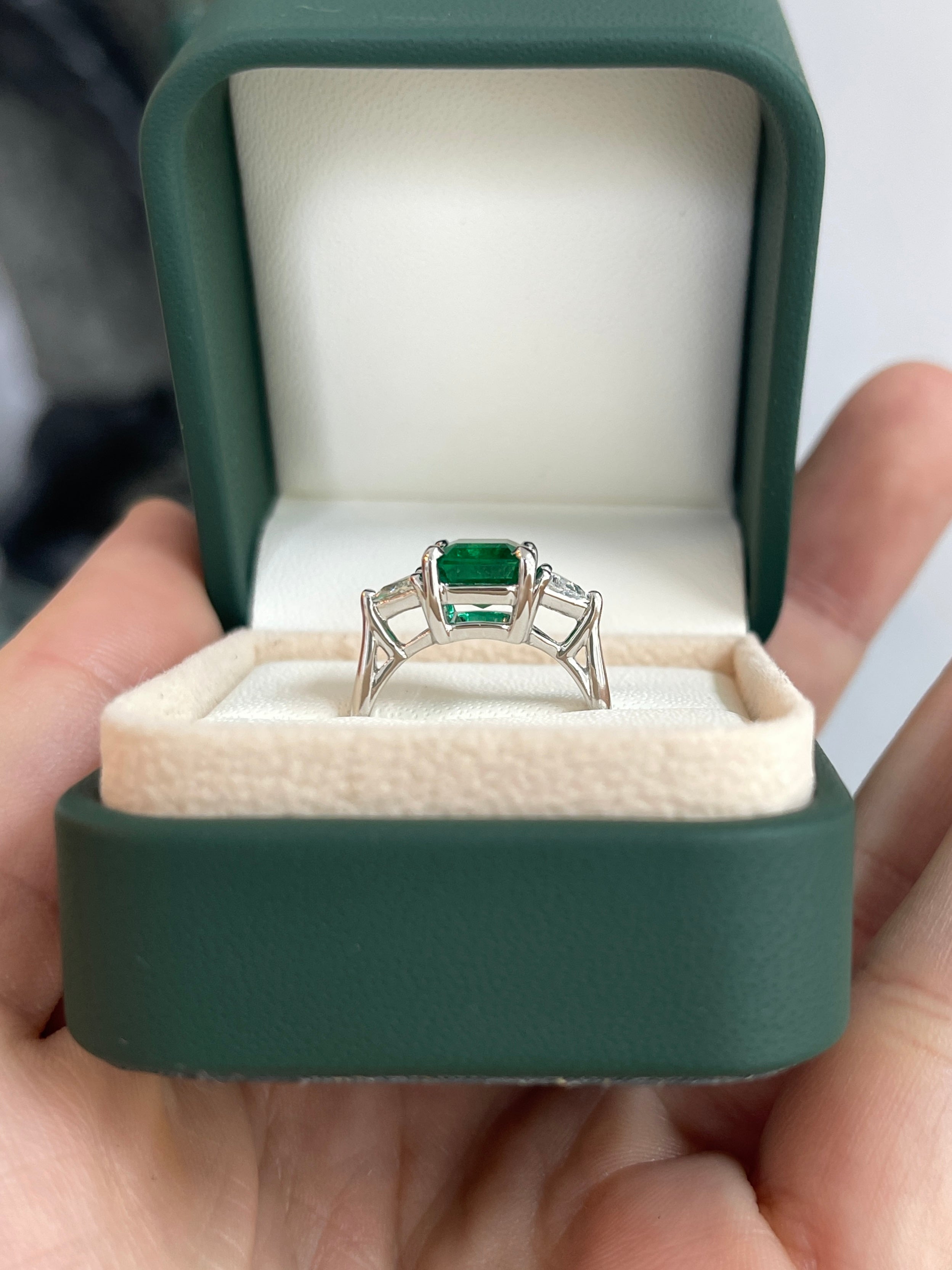 3.26tcw Natural Zambian Emerald Cut Ring With Trillion Diamonds 18K White Gold