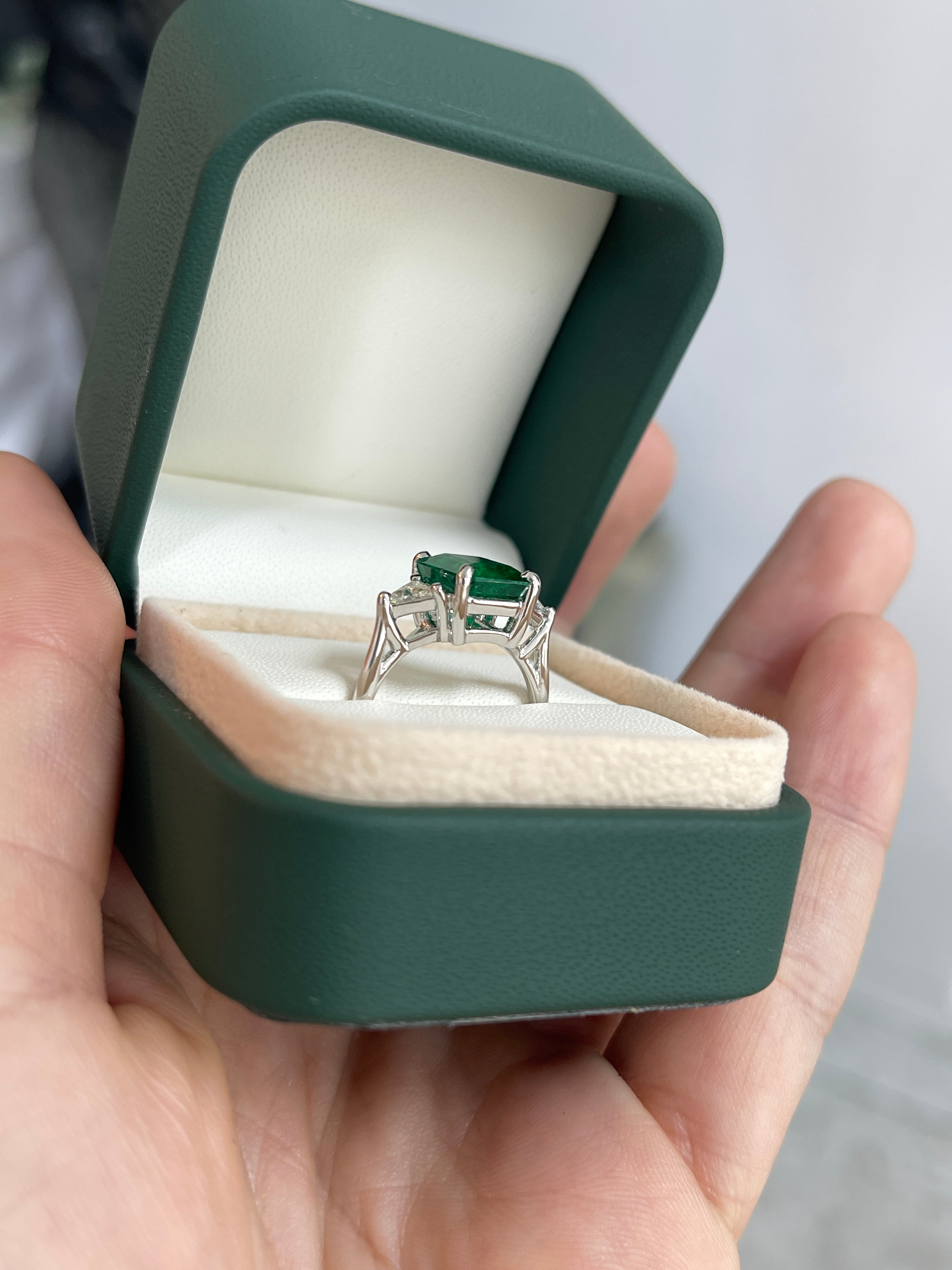 3.26tcw Natural Zambian Emerald Cut Ring With Trillion Diamonds 18K White Gold