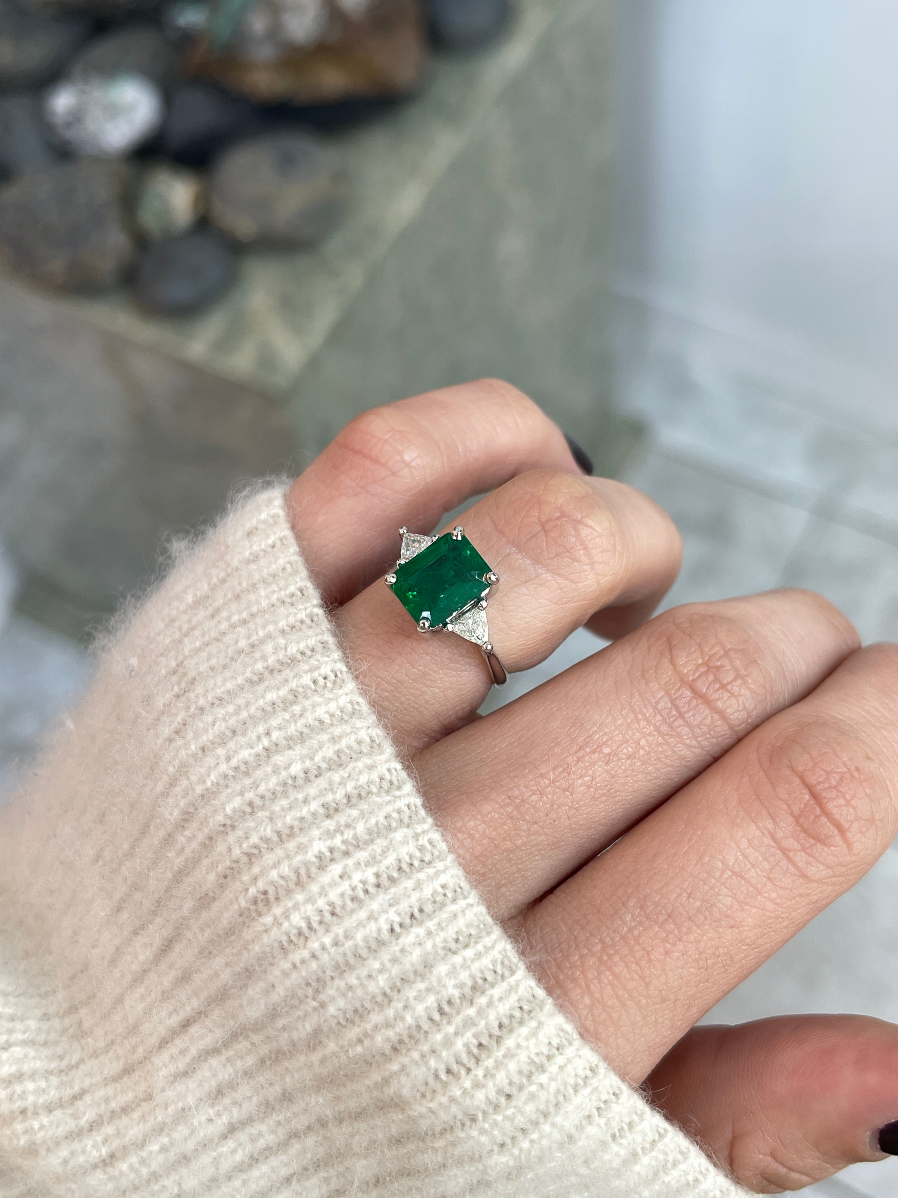 3.26tcw Natural Zambian Emerald Cut Ring With Trillion Diamonds 18K White Gold