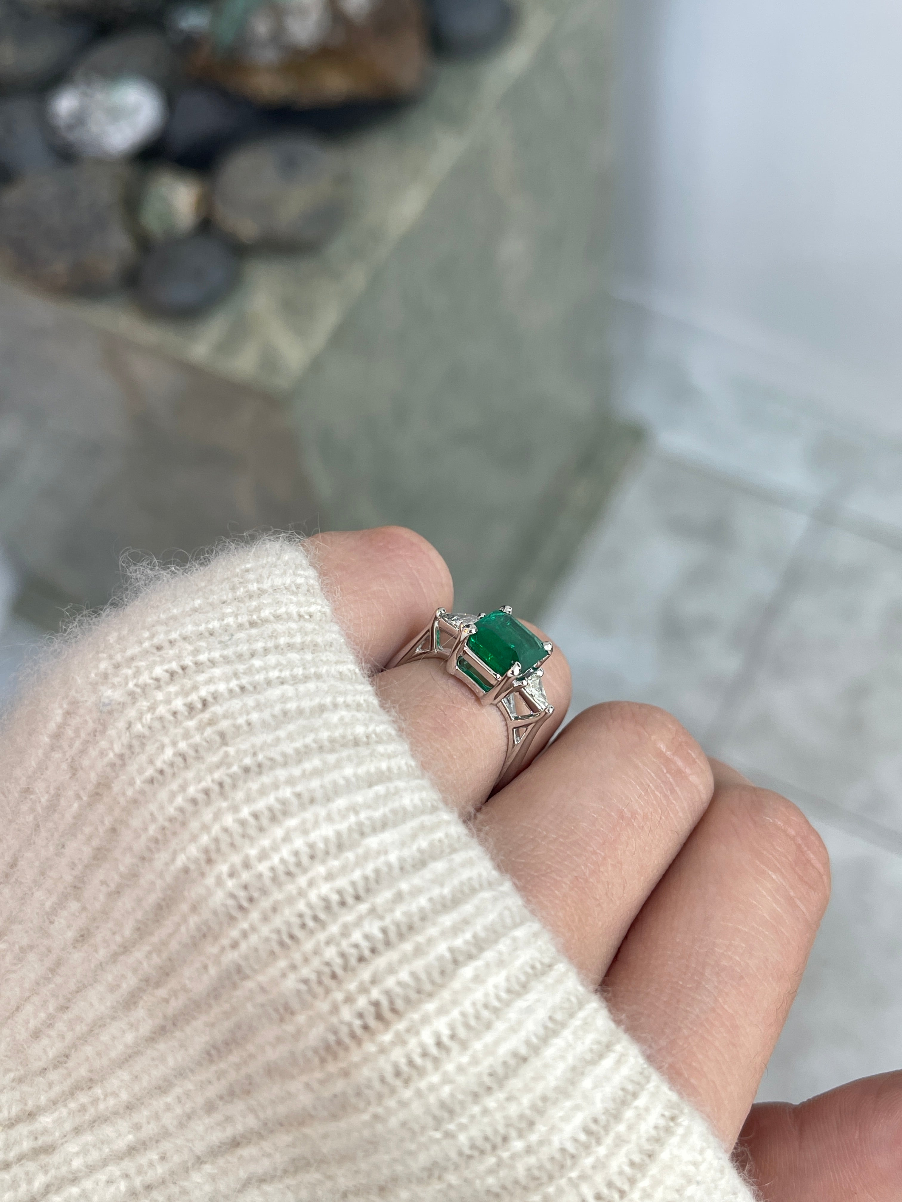 3.26tcw Natural Zambian Emerald Cut Ring With Trillion Diamonds 18K White Gold