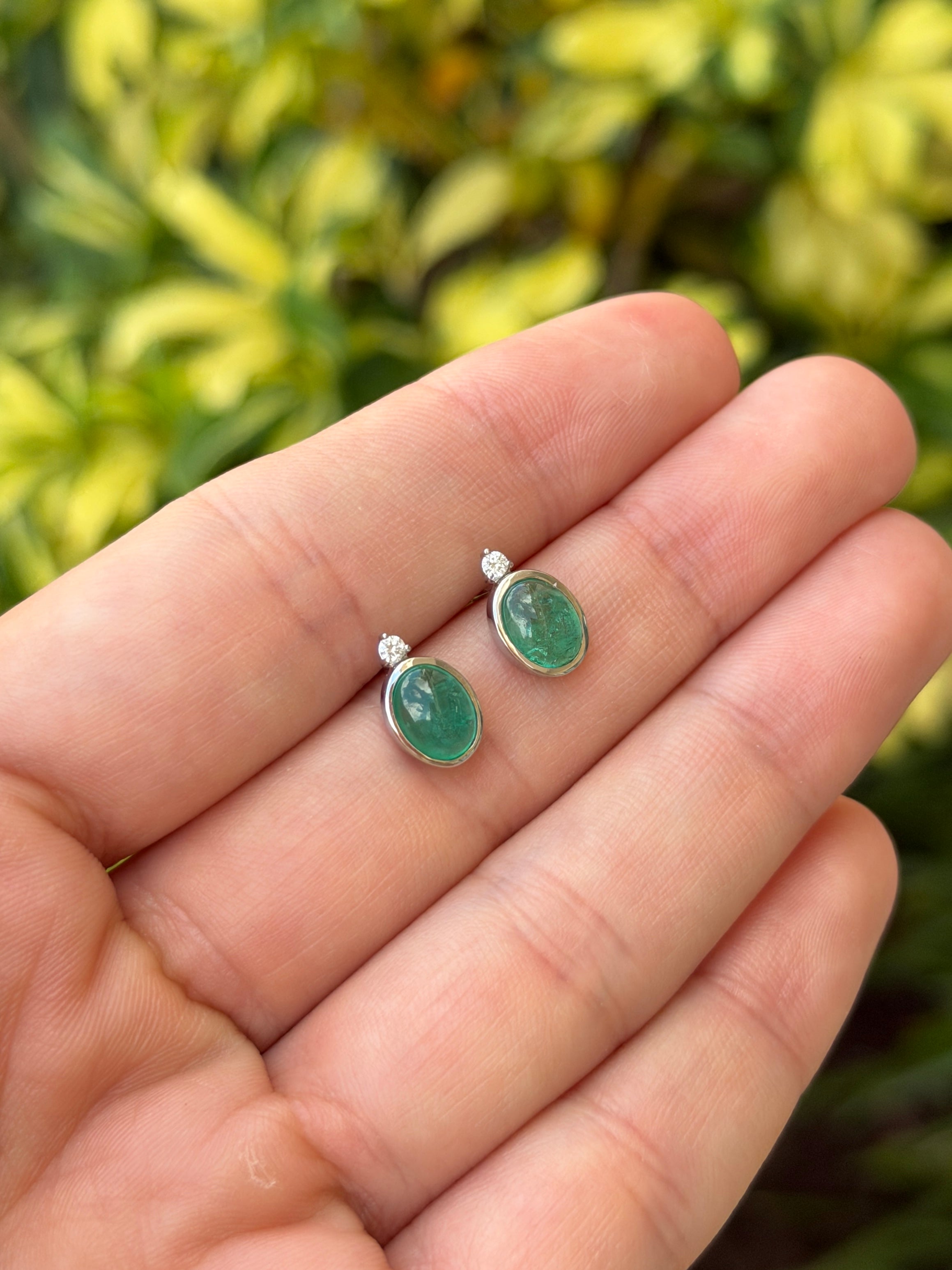 2.50tcw Oval Cabochon Bezel Studs with Diamond Accent 14K White Gold