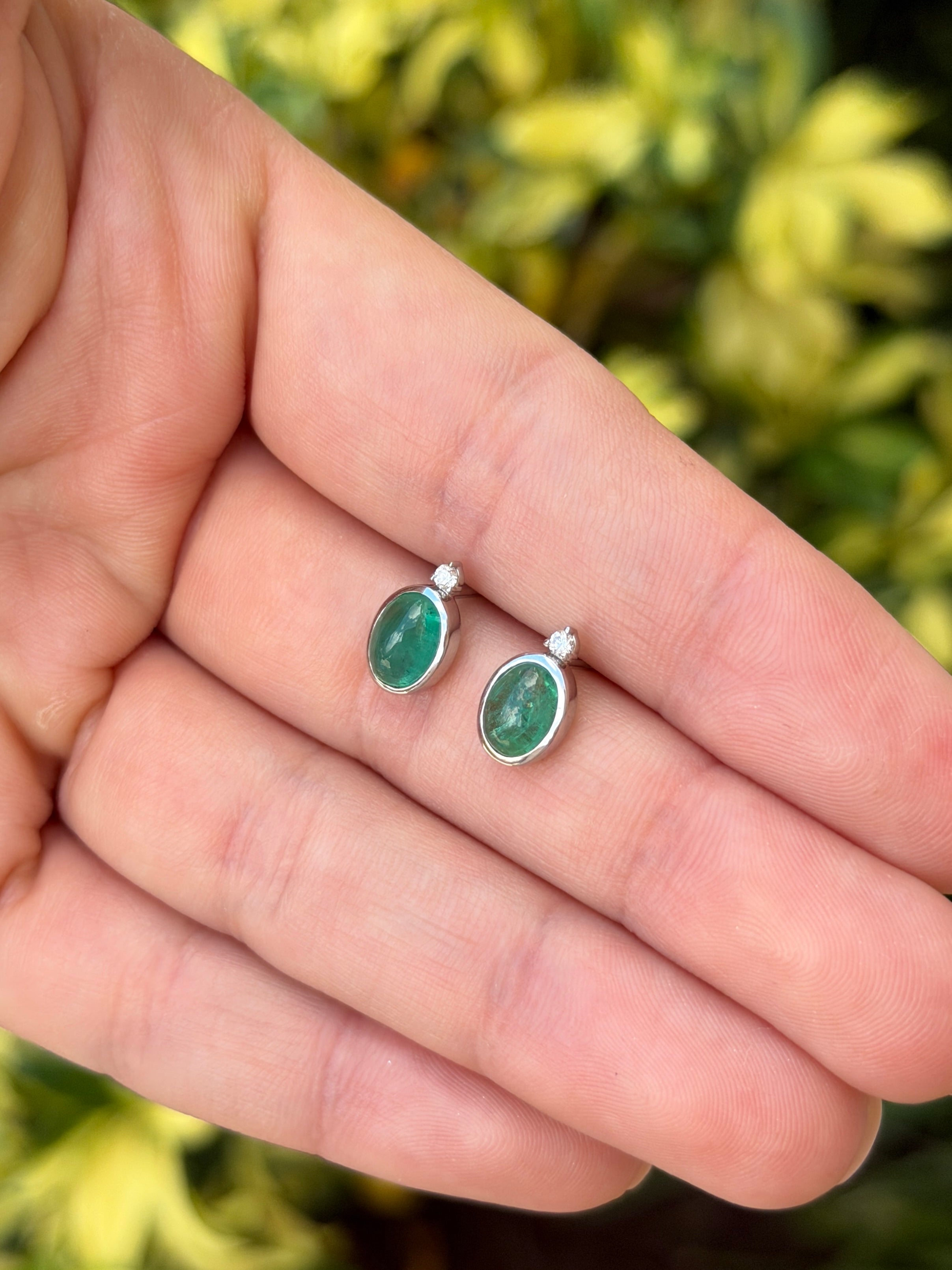 2.50tcw Oval Cabochon Bezel Studs with Diamond Accent 14K White Gold