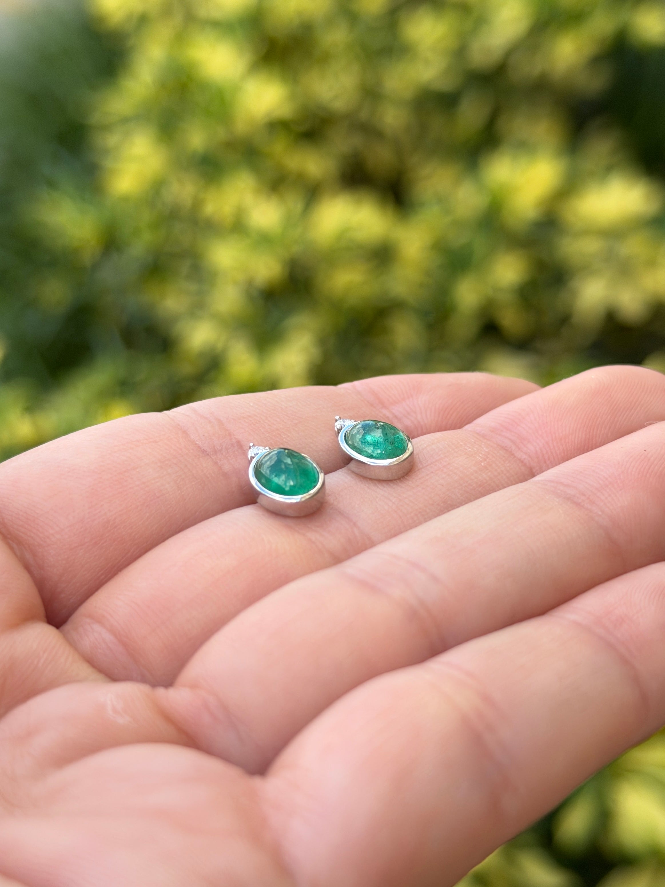 2.50tcw Oval Cabochon Bezel Studs with Diamond Accent 14K White Gold