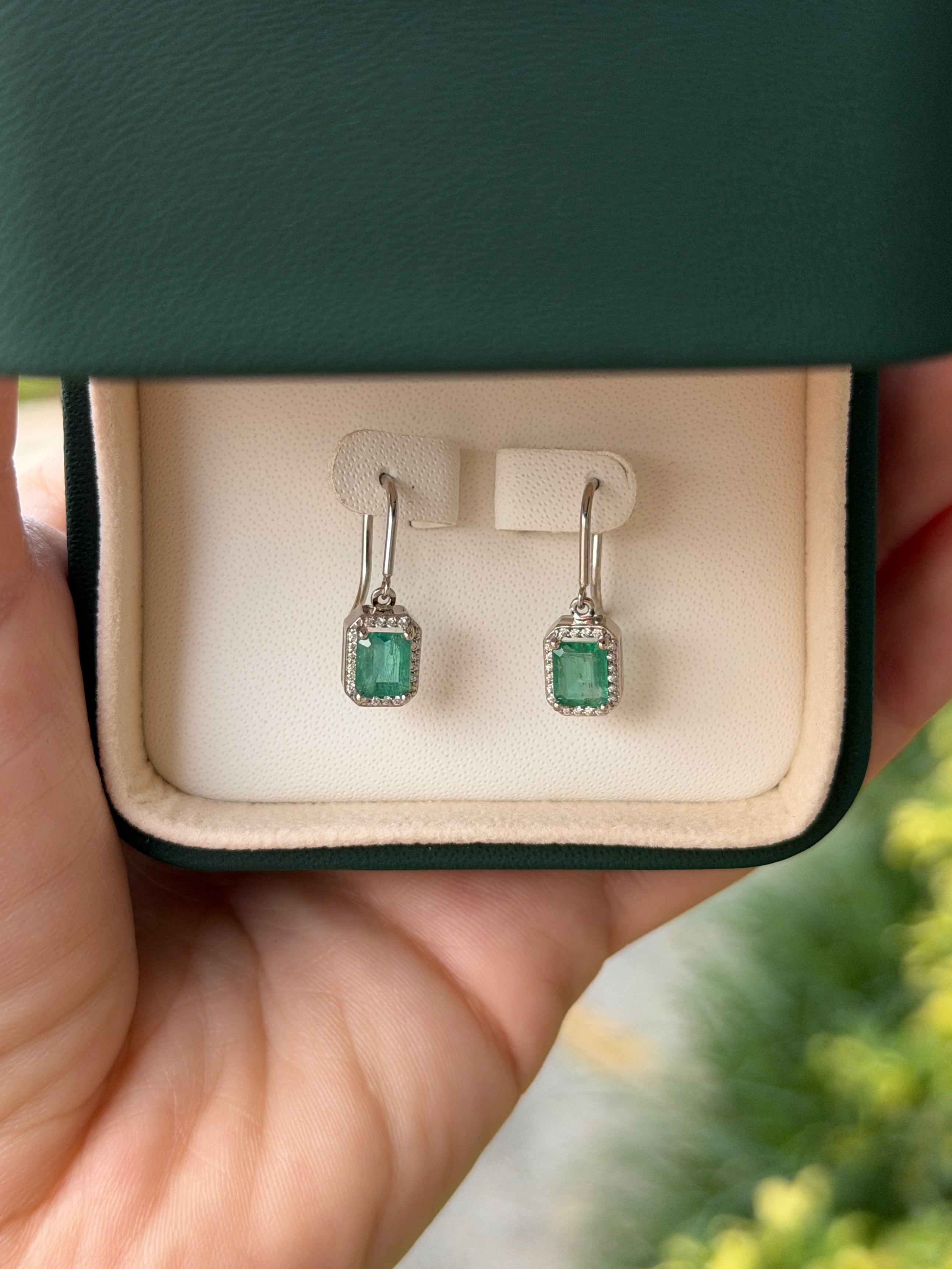 1.72tcw Natural Emerald Cut Emerald & Diamond Halo Hook Earrings 14K White Gold