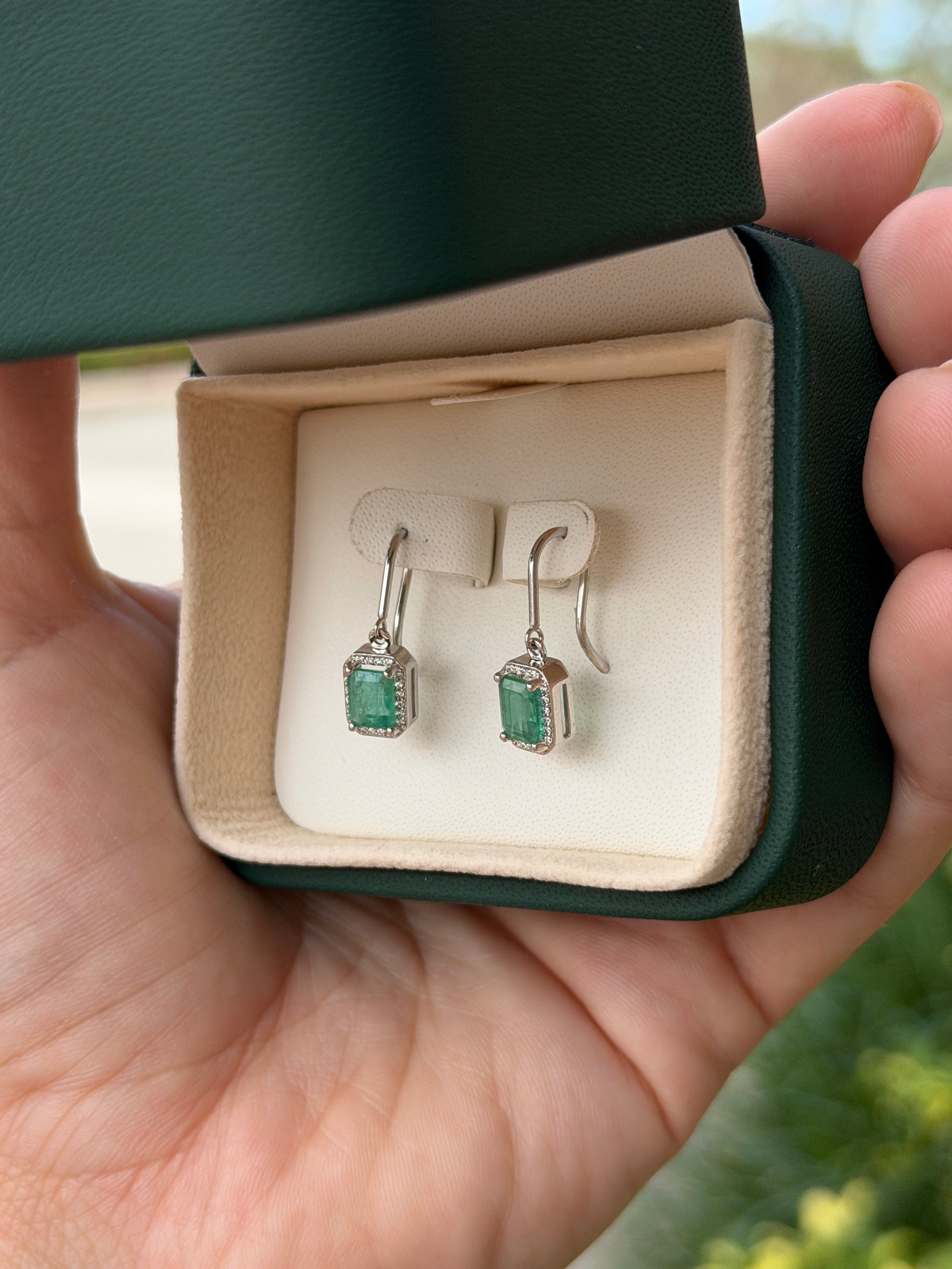 1.72tcw Natural Emerald Cut Emerald & Diamond Halo Hook Earrings 14K White Gold