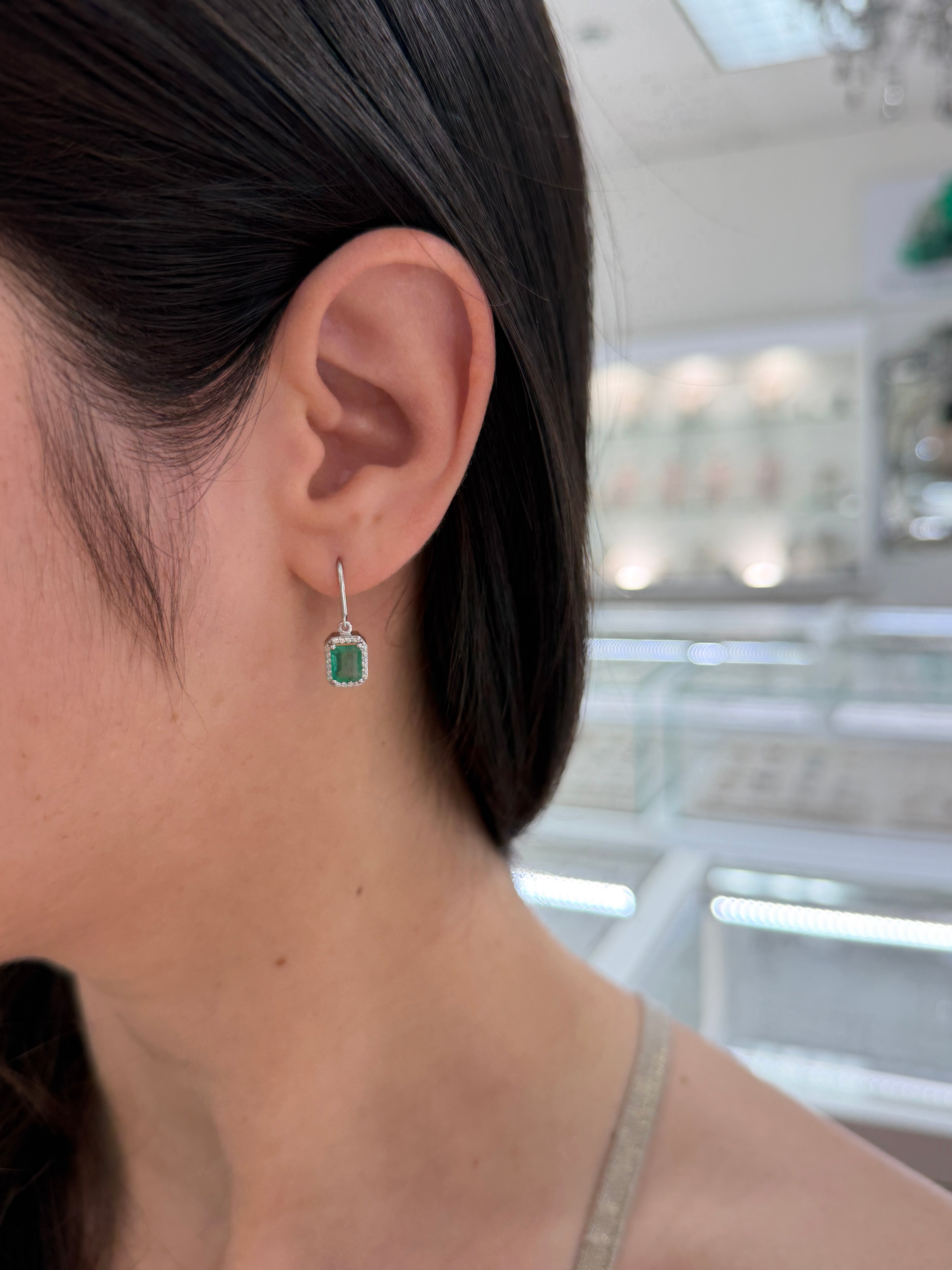 1.72tcw Natural Emerald Cut Emerald & Diamond Halo Hook Earrings 14K White Gold