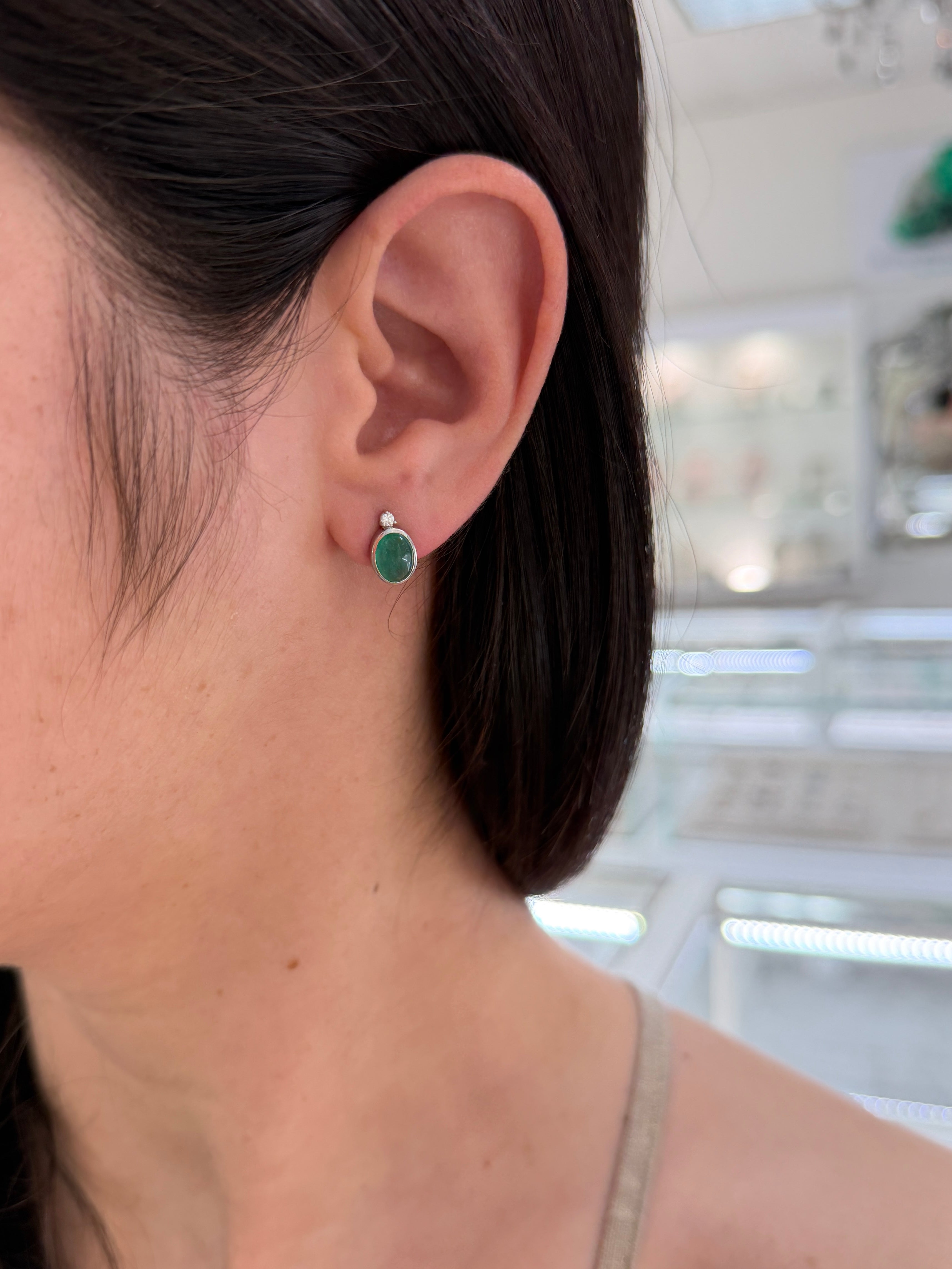 2.50tcw Oval Cabochon Bezel Studs with Diamond Accent 14K White Gold