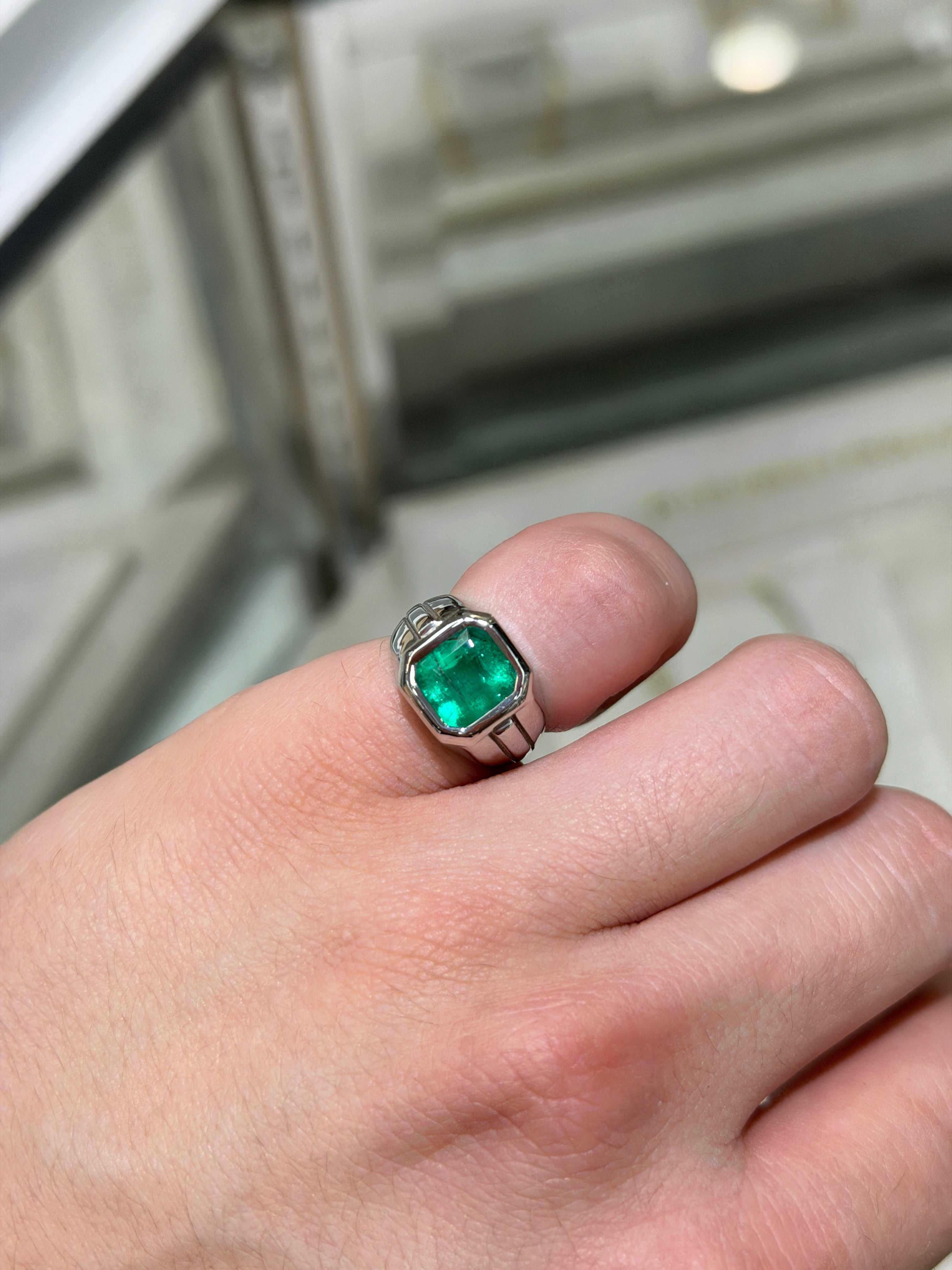 3.25ct Asscher cut Colombian emerald solitaire pinky signet ring in 14K white gold