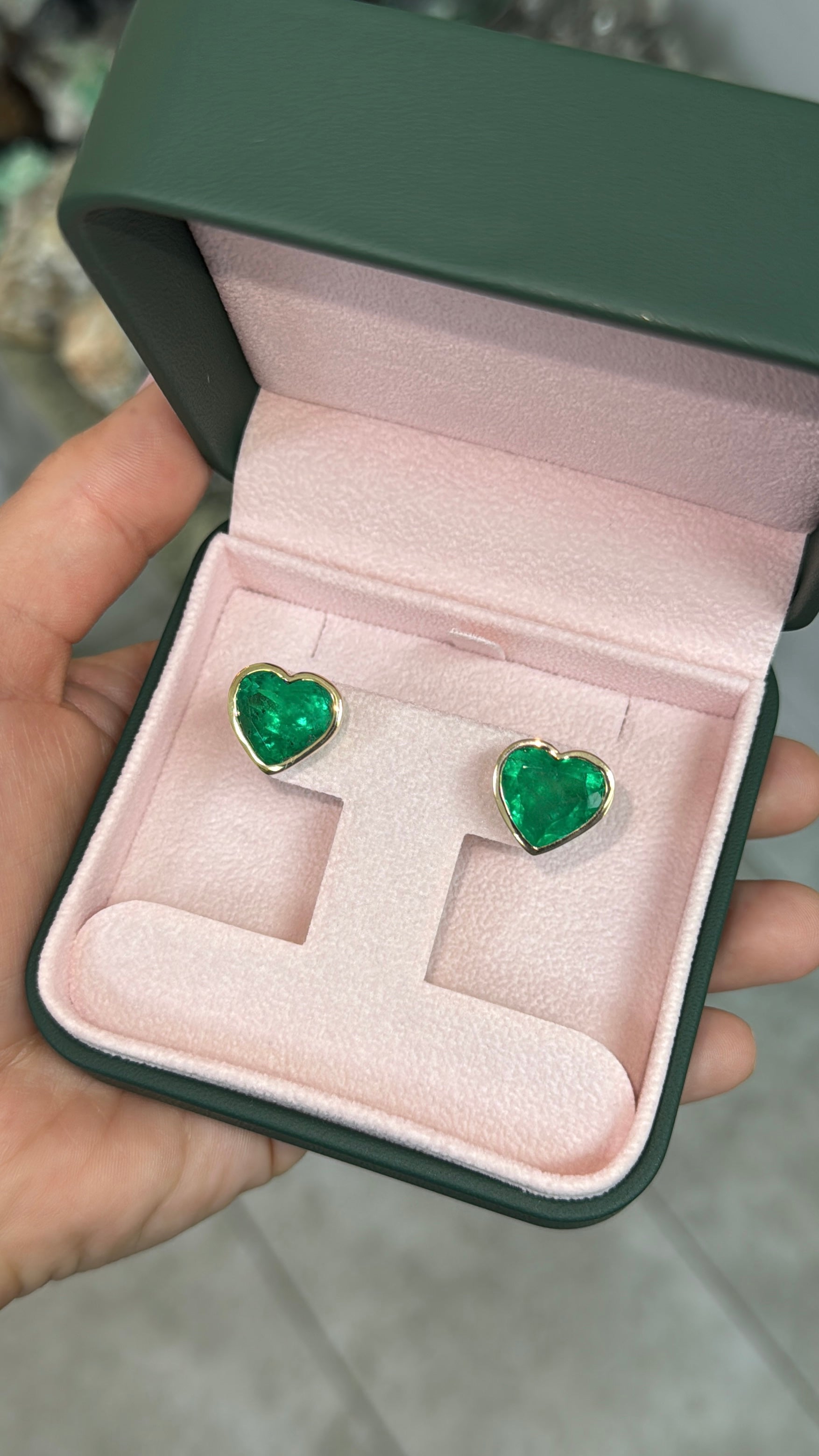 13.60tcw AAA Vivid Colombian Emerald Bezel Set Heart Studs 18K