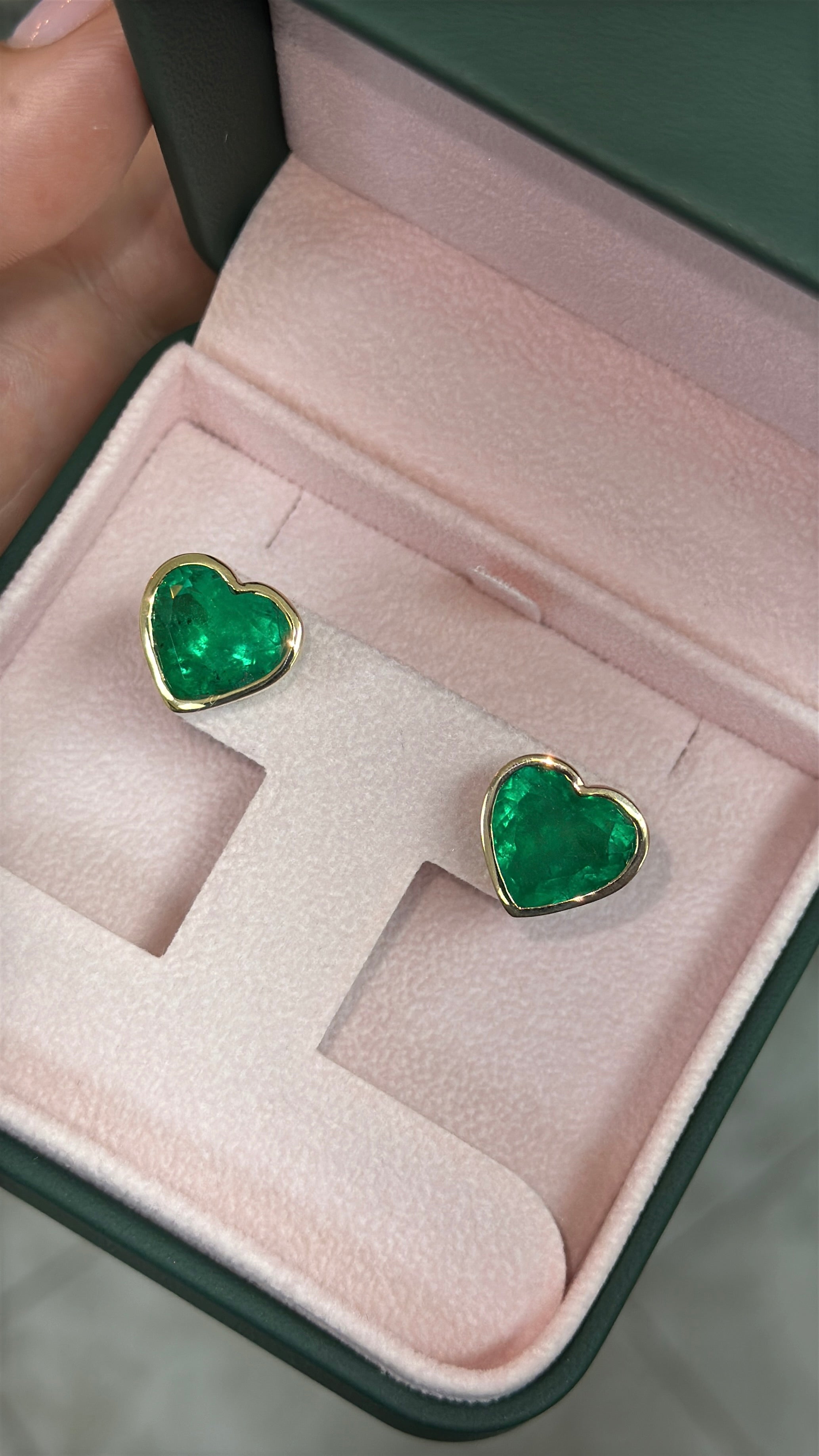 13.60tcw AAA Vivid Colombian Emerald Bezel Set Heart Studs 18K