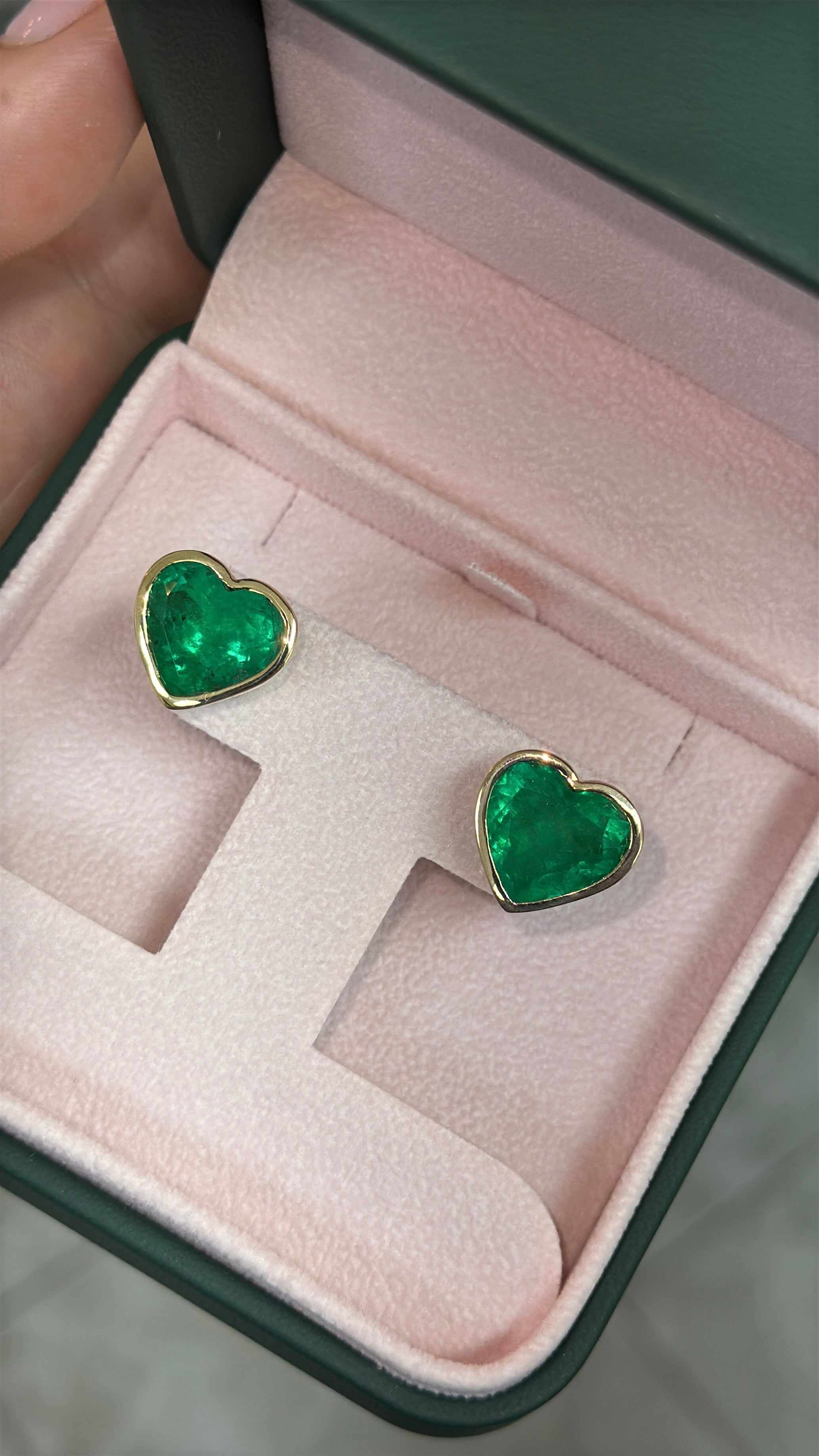 13.60tcw AAA Vivid Colombian Emerald Bezel Set Heart Studs 18K