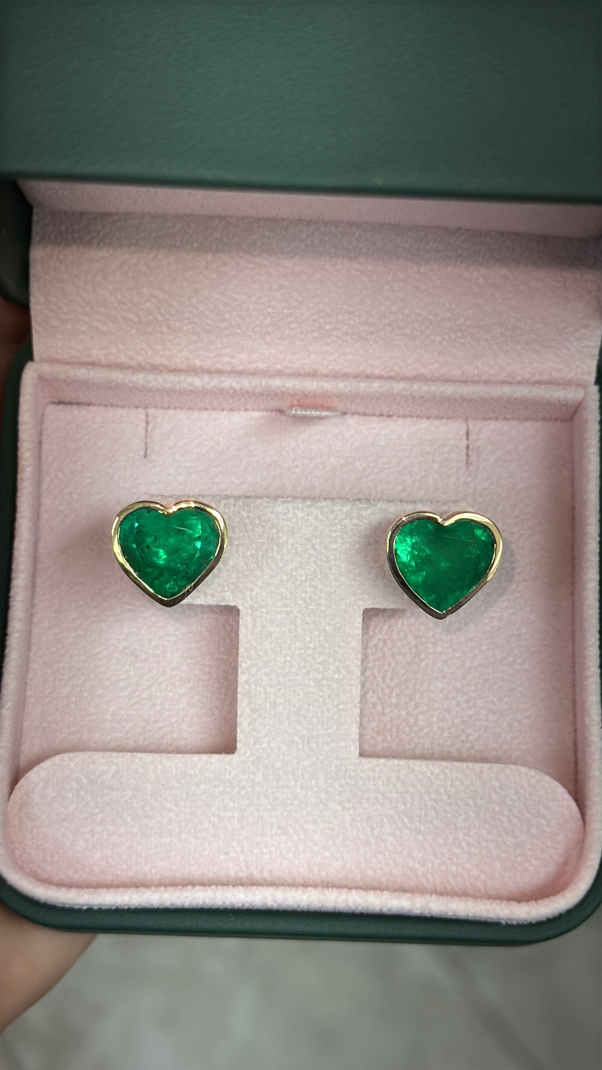 13.60tcw AAA Vivid Colombian Emerald Bezel Set Heart Studs 18K
