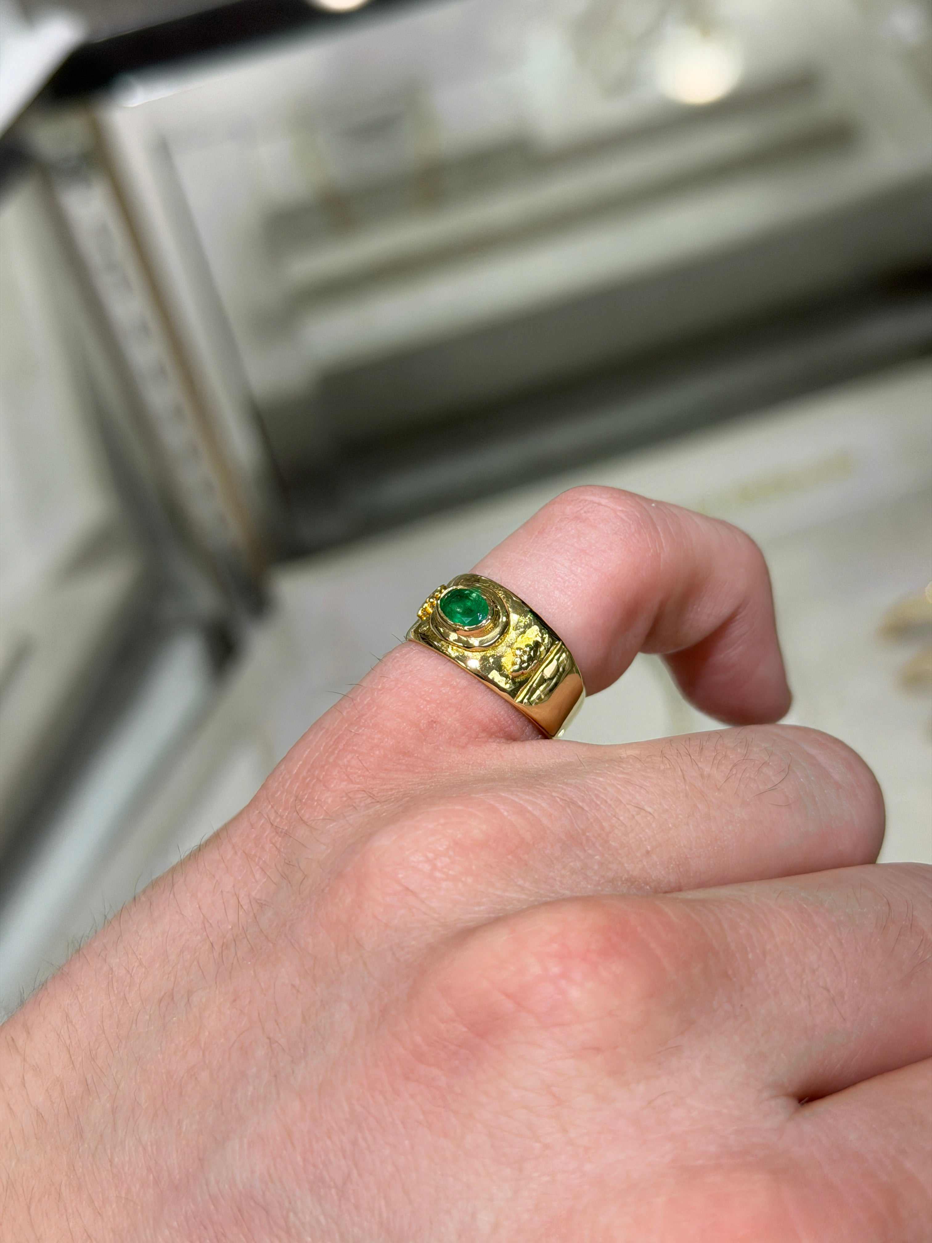 0.65tcw 18K Vintage Oval Emerald East to West Solitaire Pinky Ring
