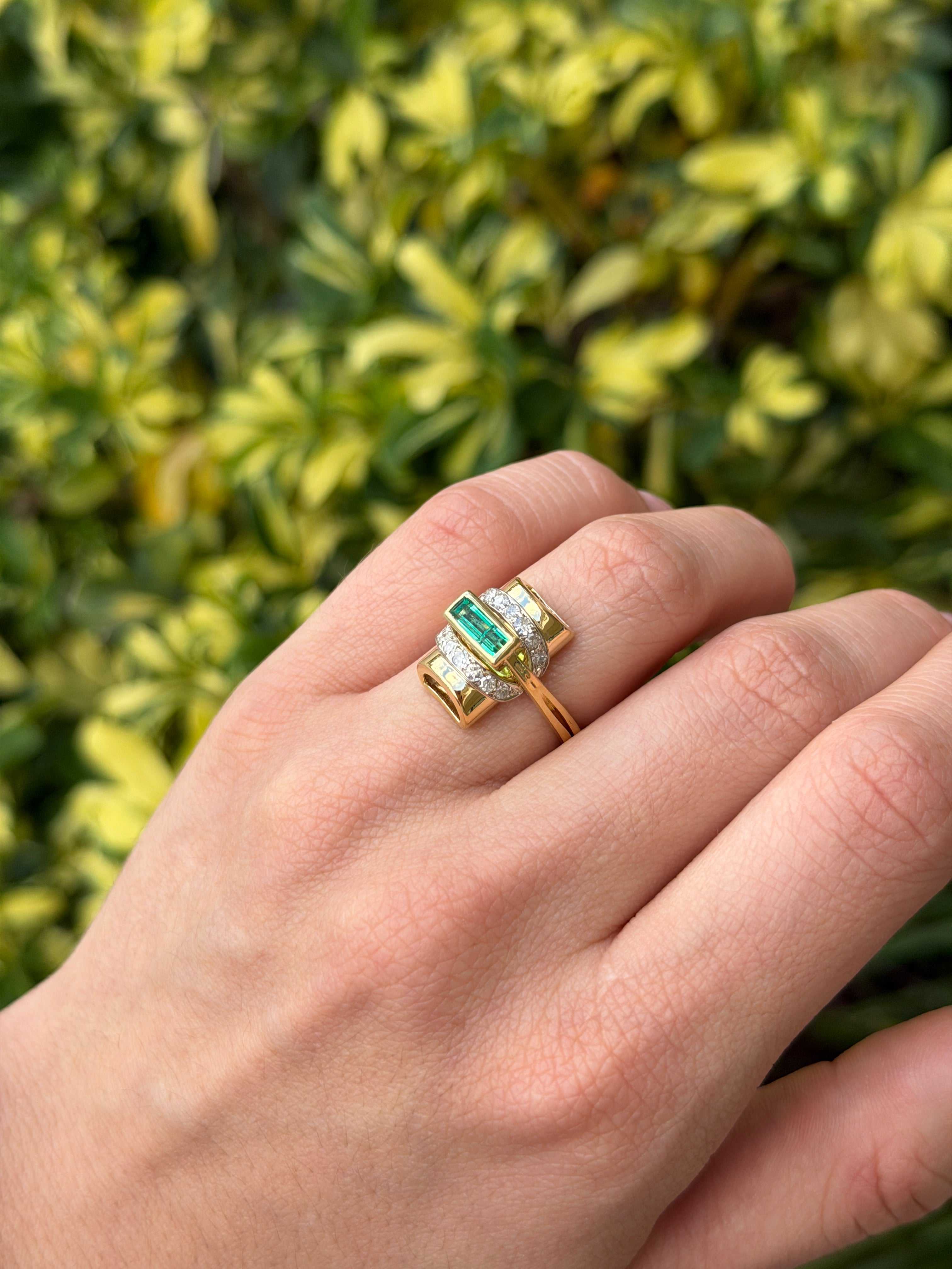 1.66tcw 18K Vintage Colombian Emerald Baguette & Diamond Accent Two Toned Statement Ring