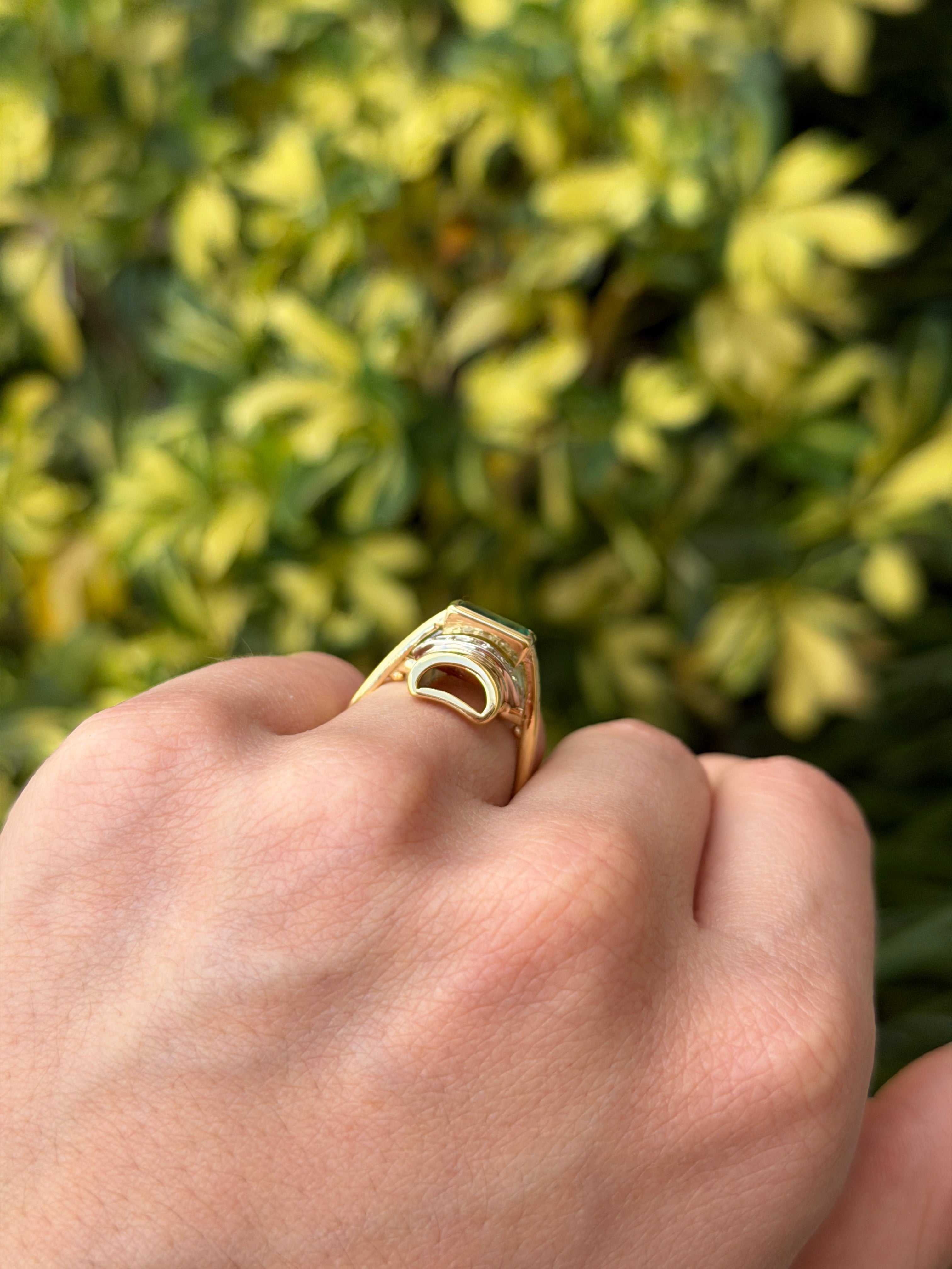 1.66tcw 18K Vintage Colombian Emerald Baguette & Diamond Accent Two Toned Statement Ring