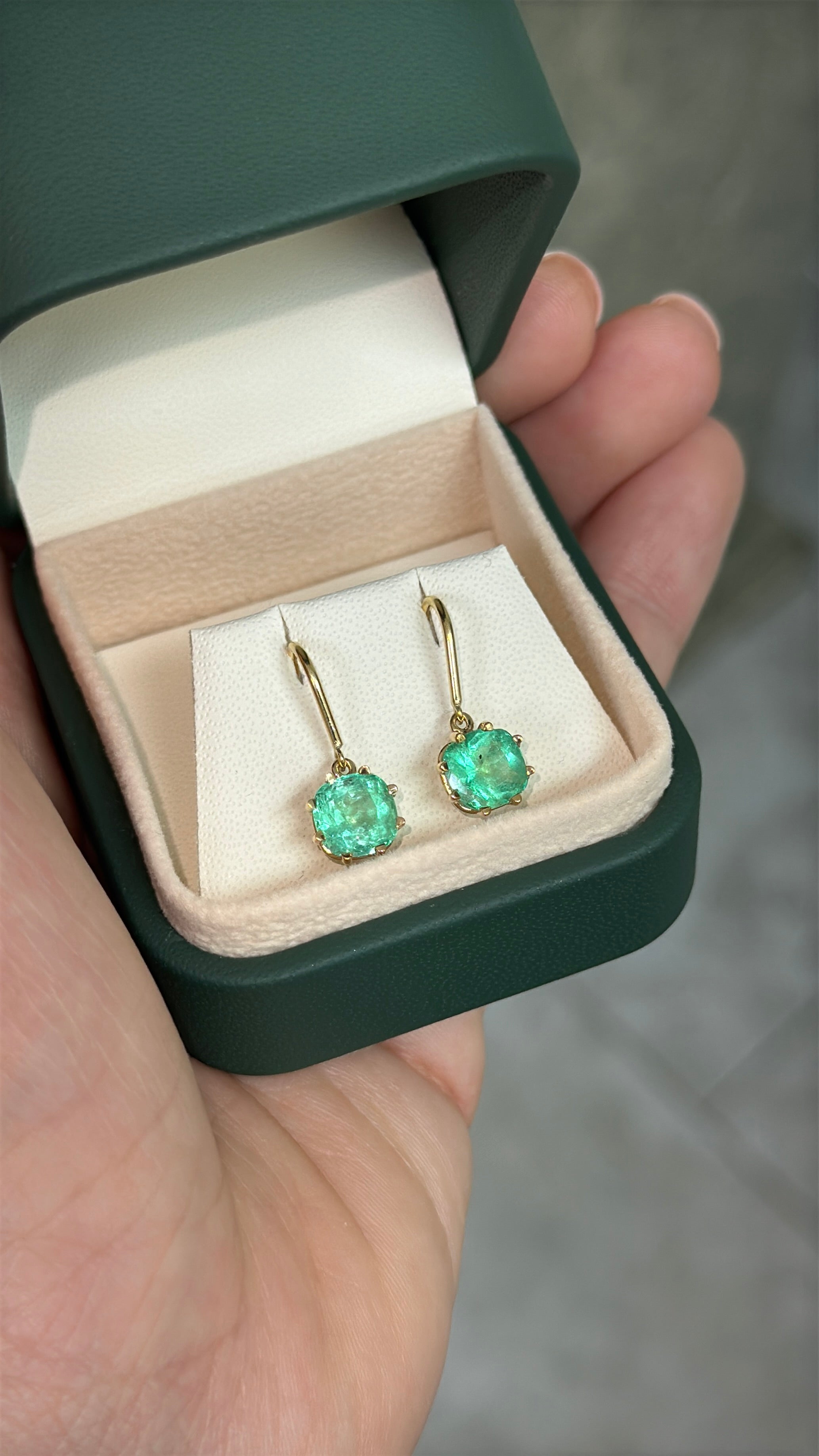 2.95tcw Multi Prong Colombian Emerald Cushion Cut French Hook Earrings