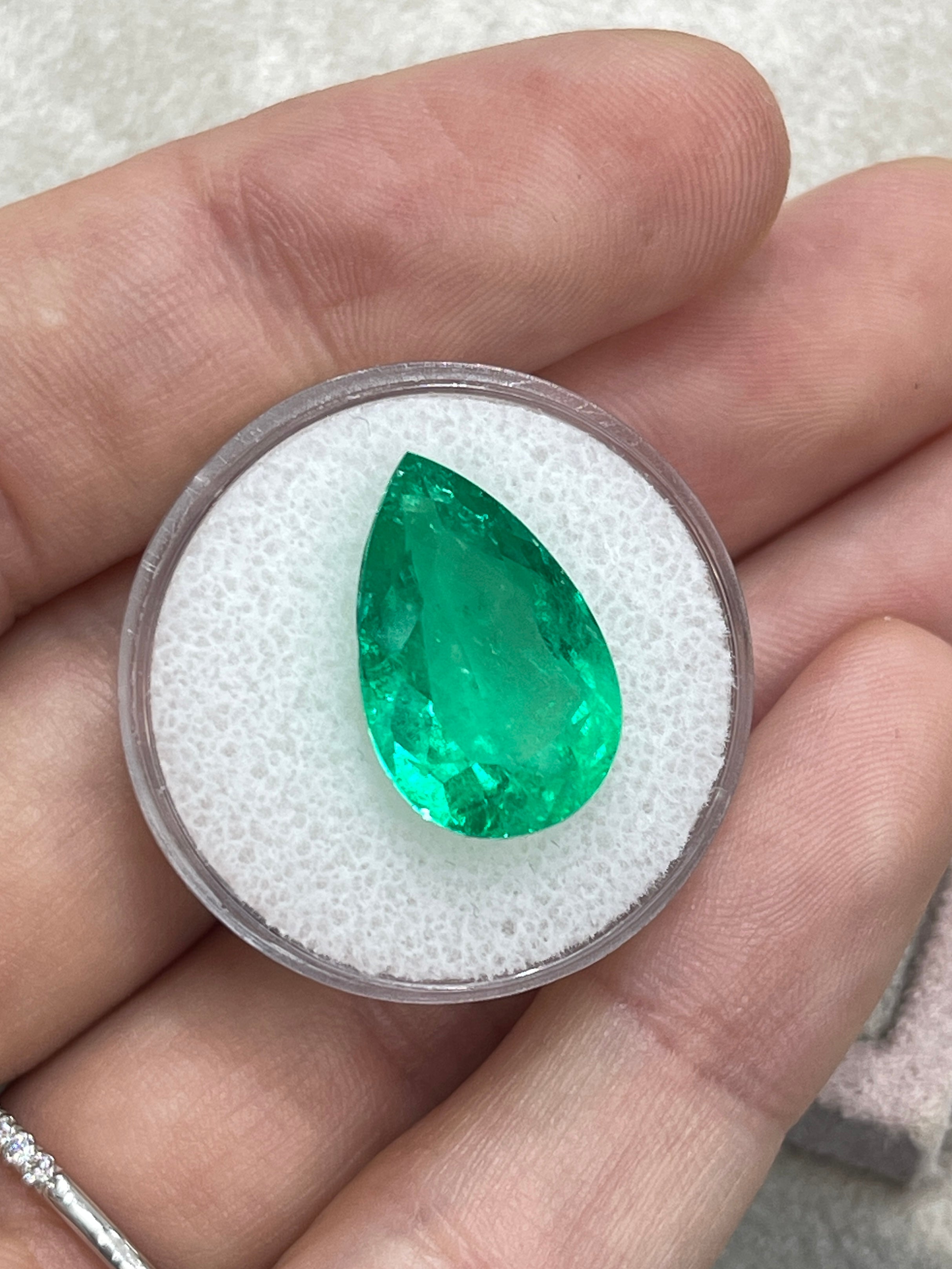 9.10 Carat 18x12 Yellowish Green Loose Teardrop Natural Colombian Emerald