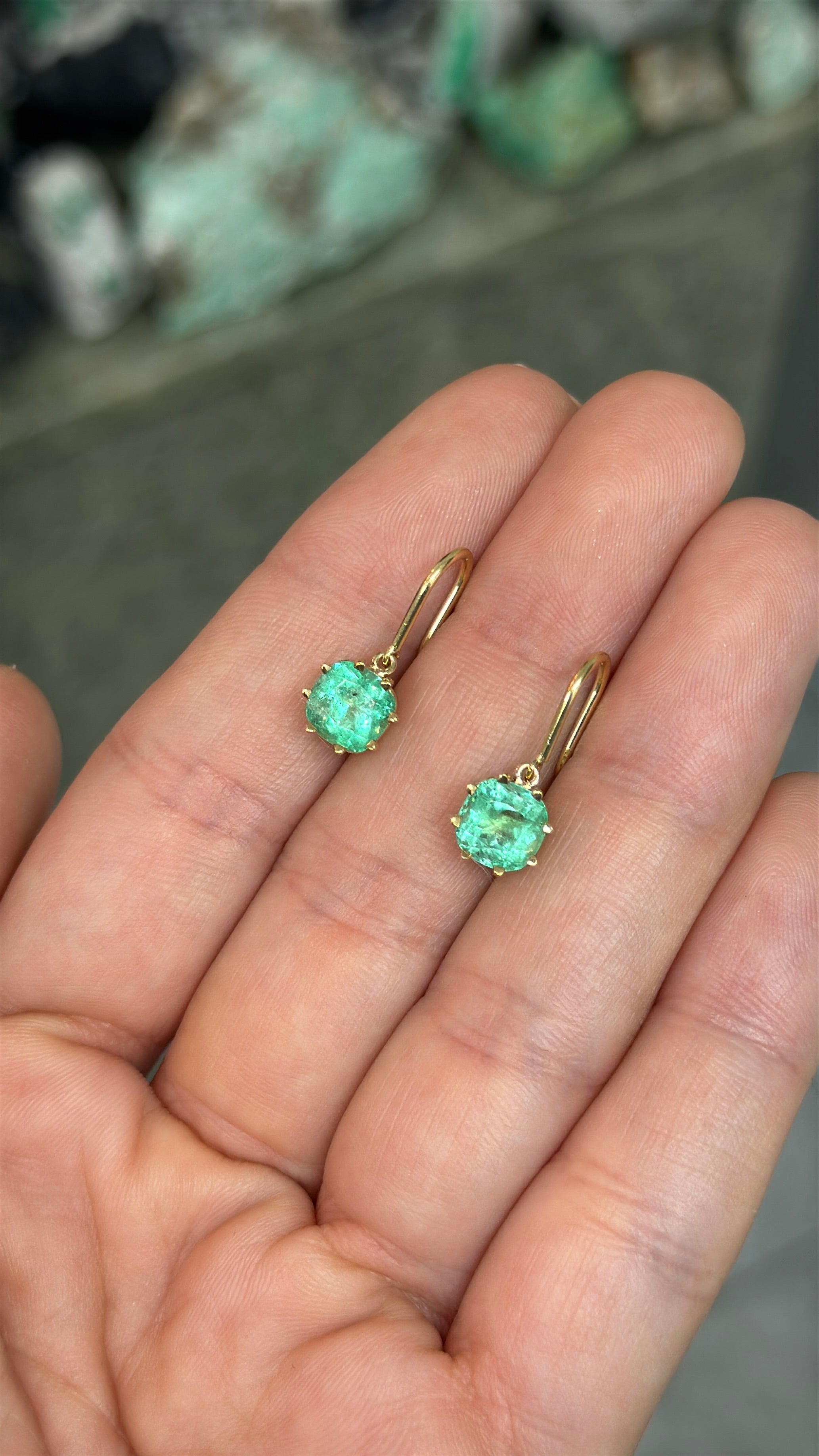 2.95tcw Multi Prong Colombian Emerald Cushion Cut French Hook Earrings