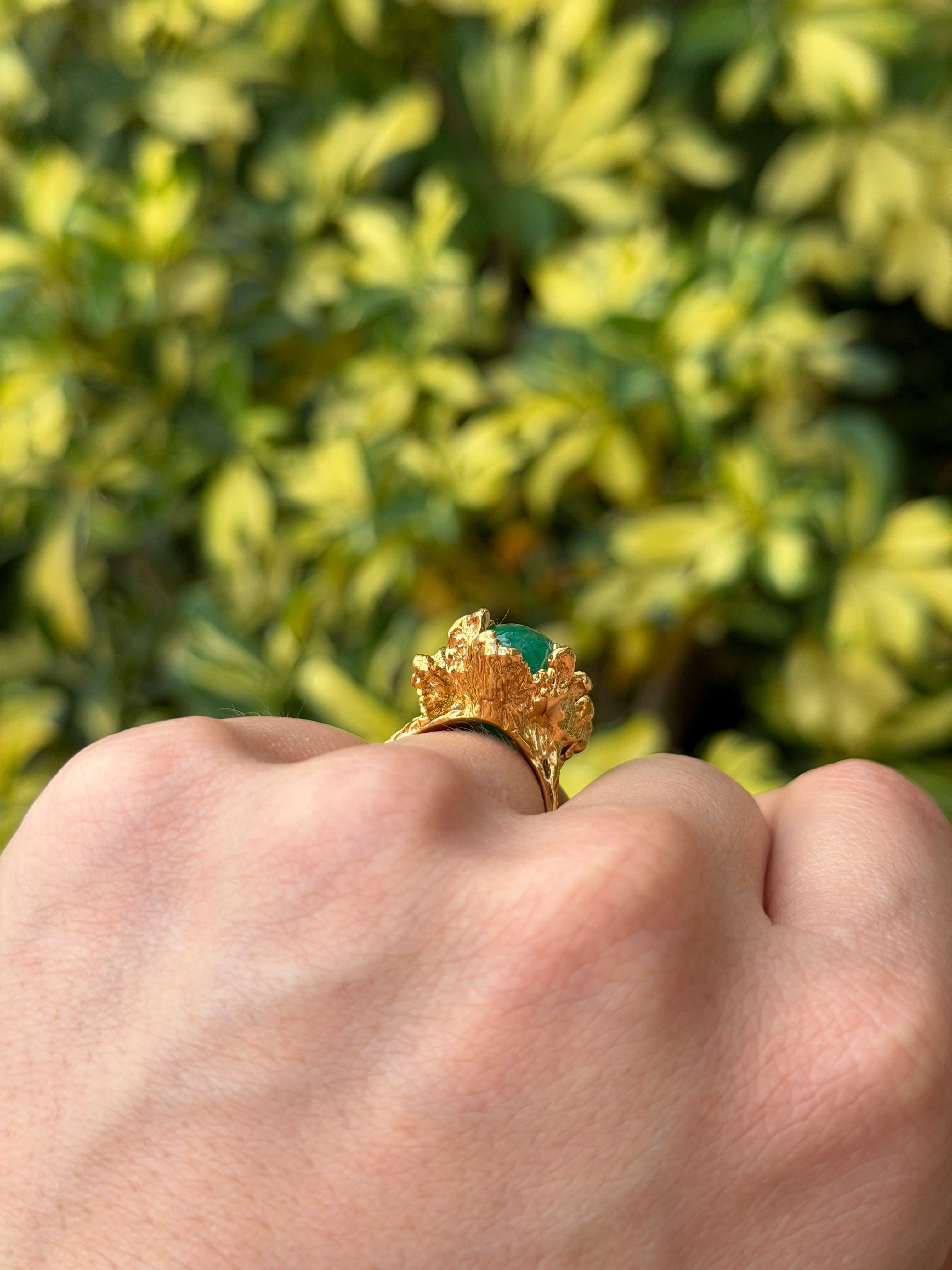 12.87ct 18K Natural Cabochon Cut Oval Emerald Solitaire Nugget Gold Ring