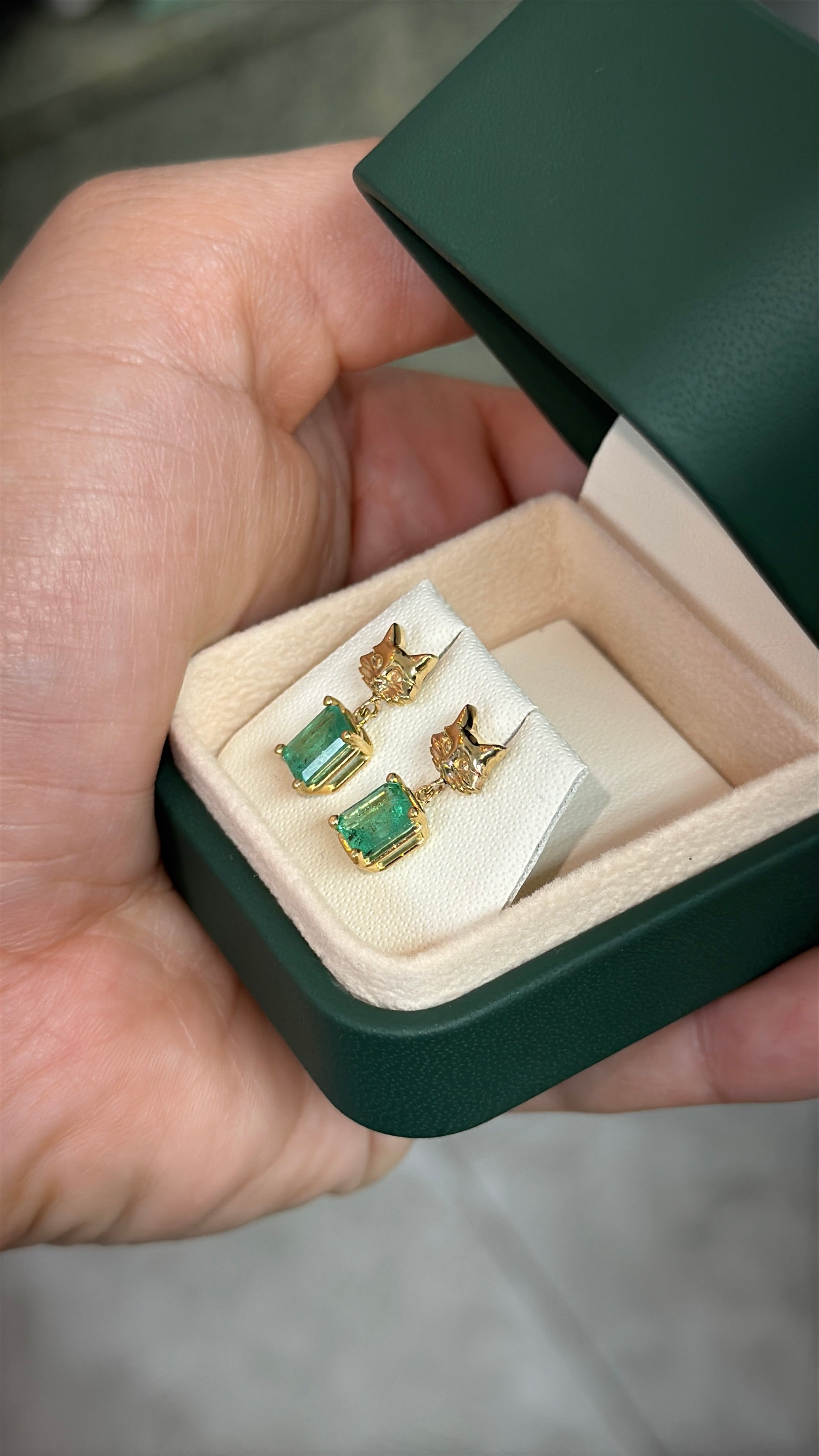 2.0tcw Crazy Cat Lady Drop & Dangle Emerald Earrings 14K