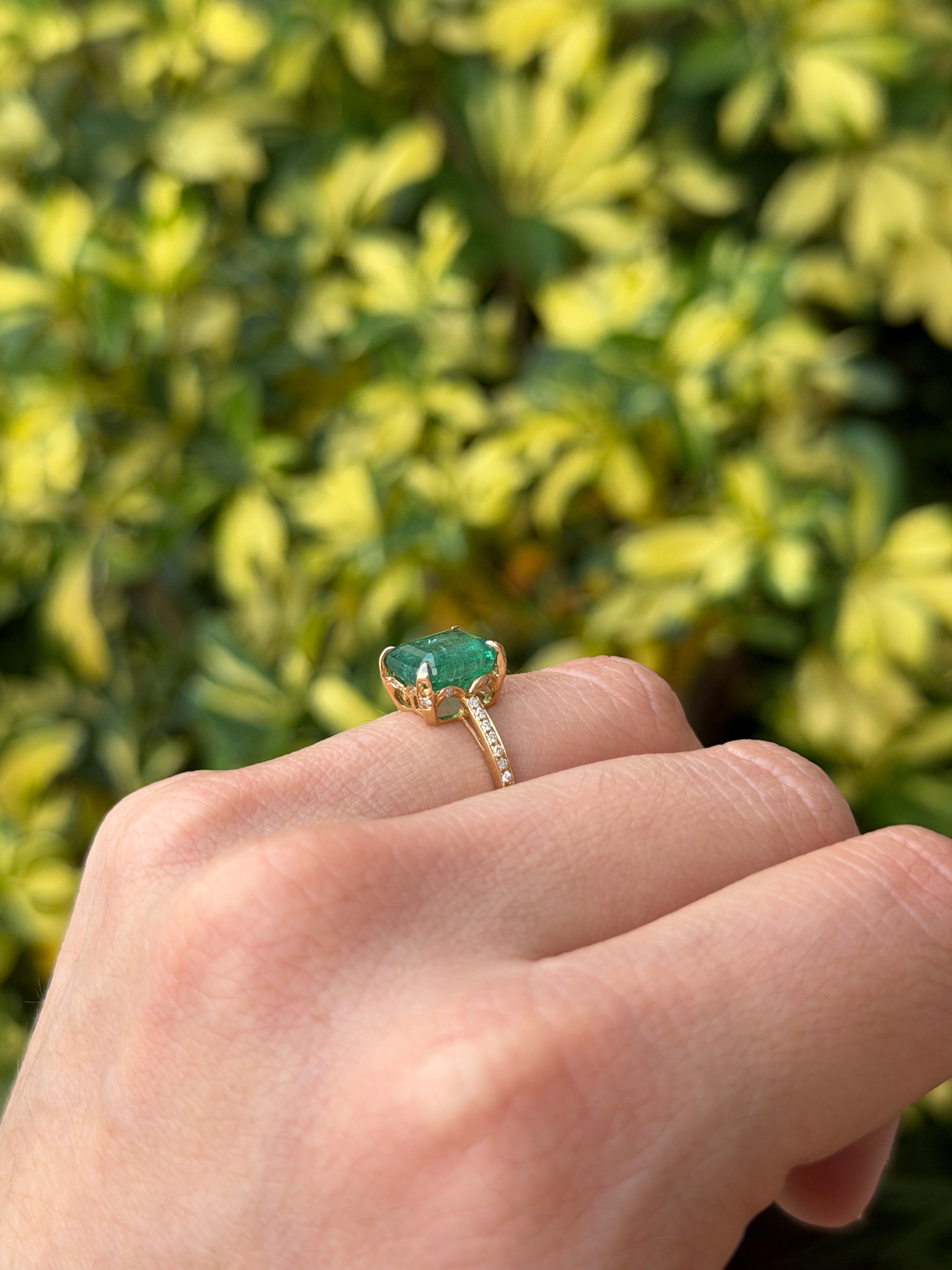 3.50tcw 14K Natural Emerald & Hidden Diamond Halo + Shank Engagement Ring