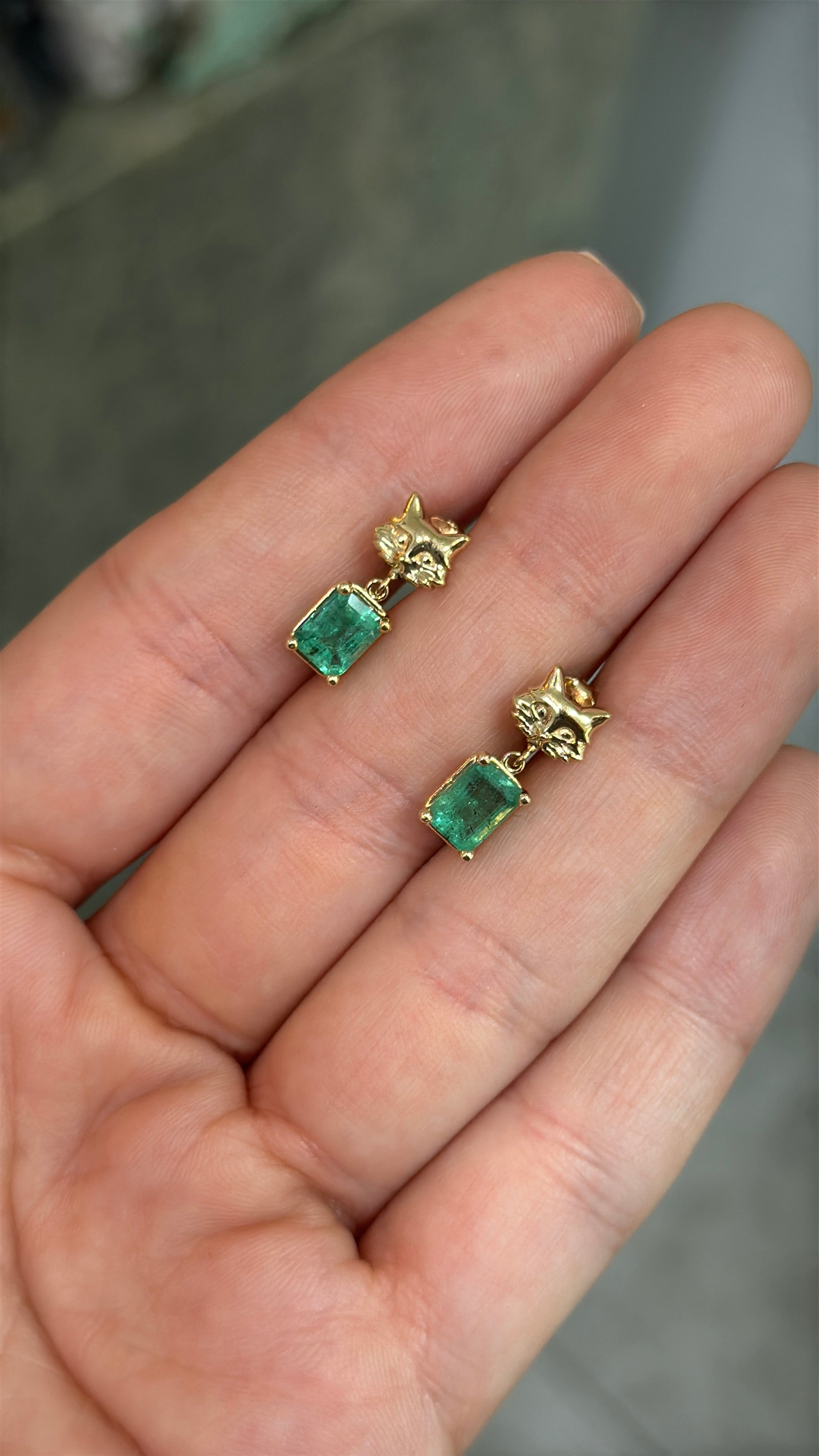 2.0tcw Crazy Cat Lady Drop & Dangle Emerald Earrings 14K