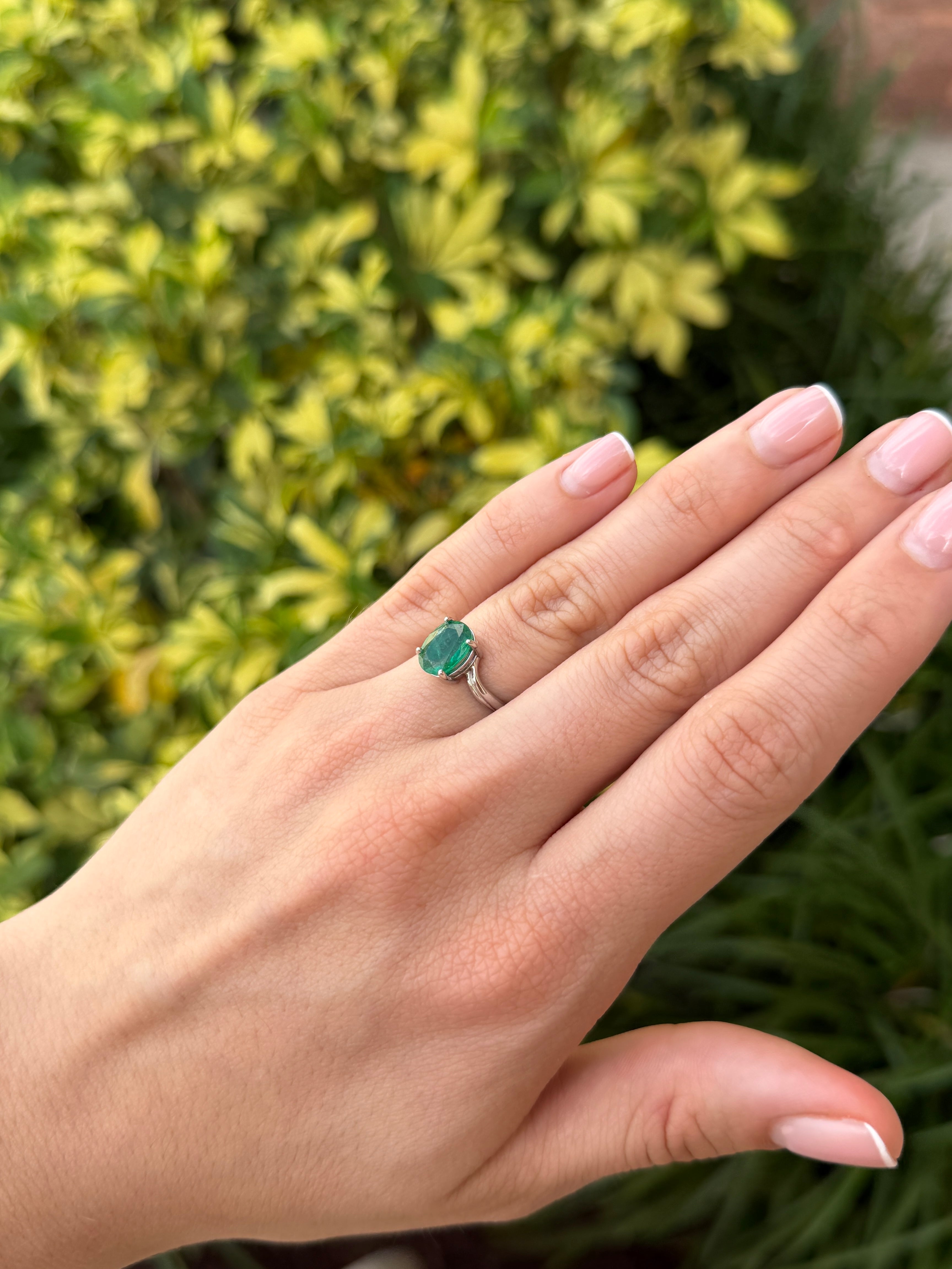 2.05ct Natural Oval Emerald Solitaire Wave Ring 14K White Gold