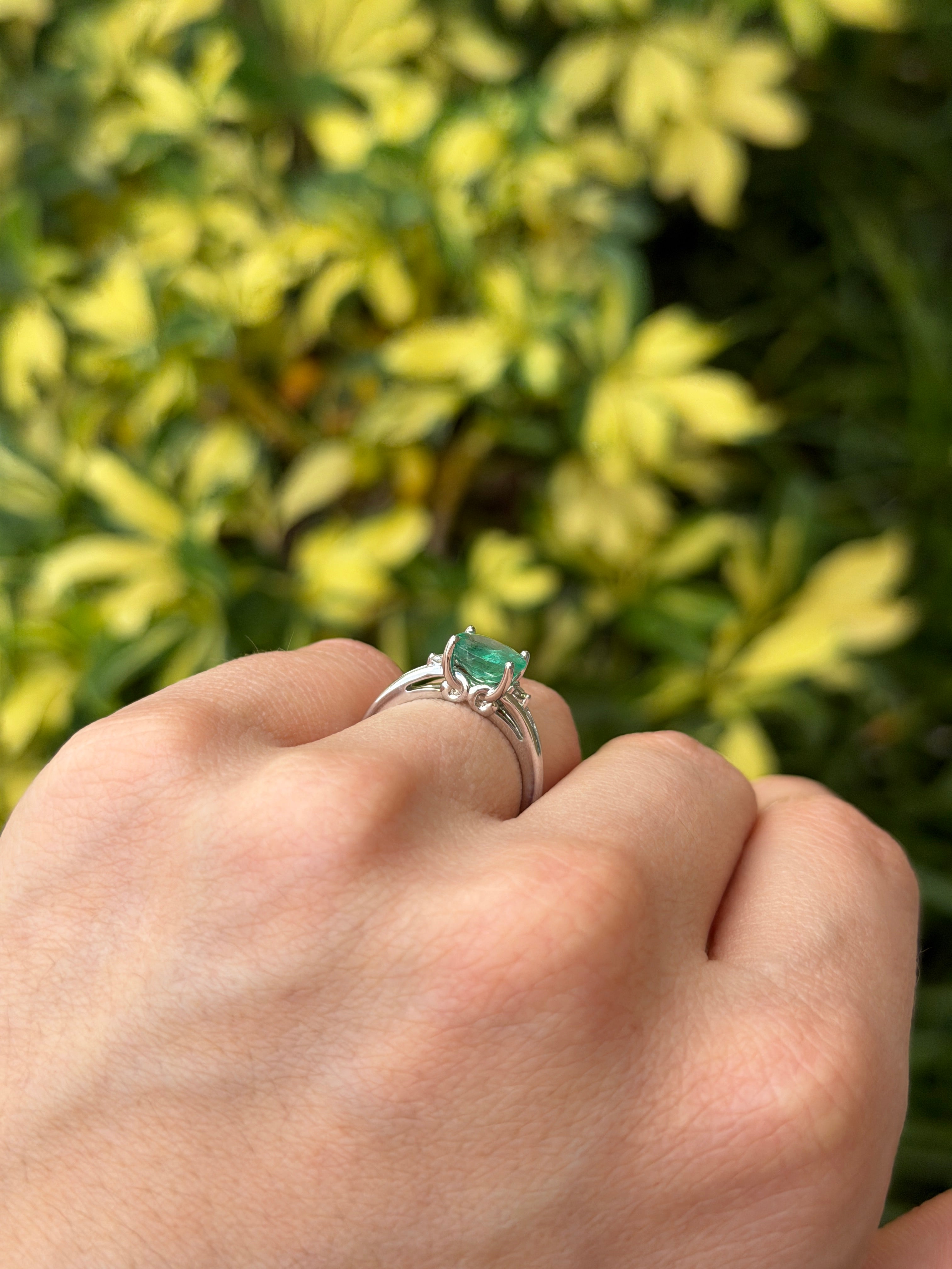 1.42tcw East to West Oval Emerald & Diamond Three Stone Ring 14K White