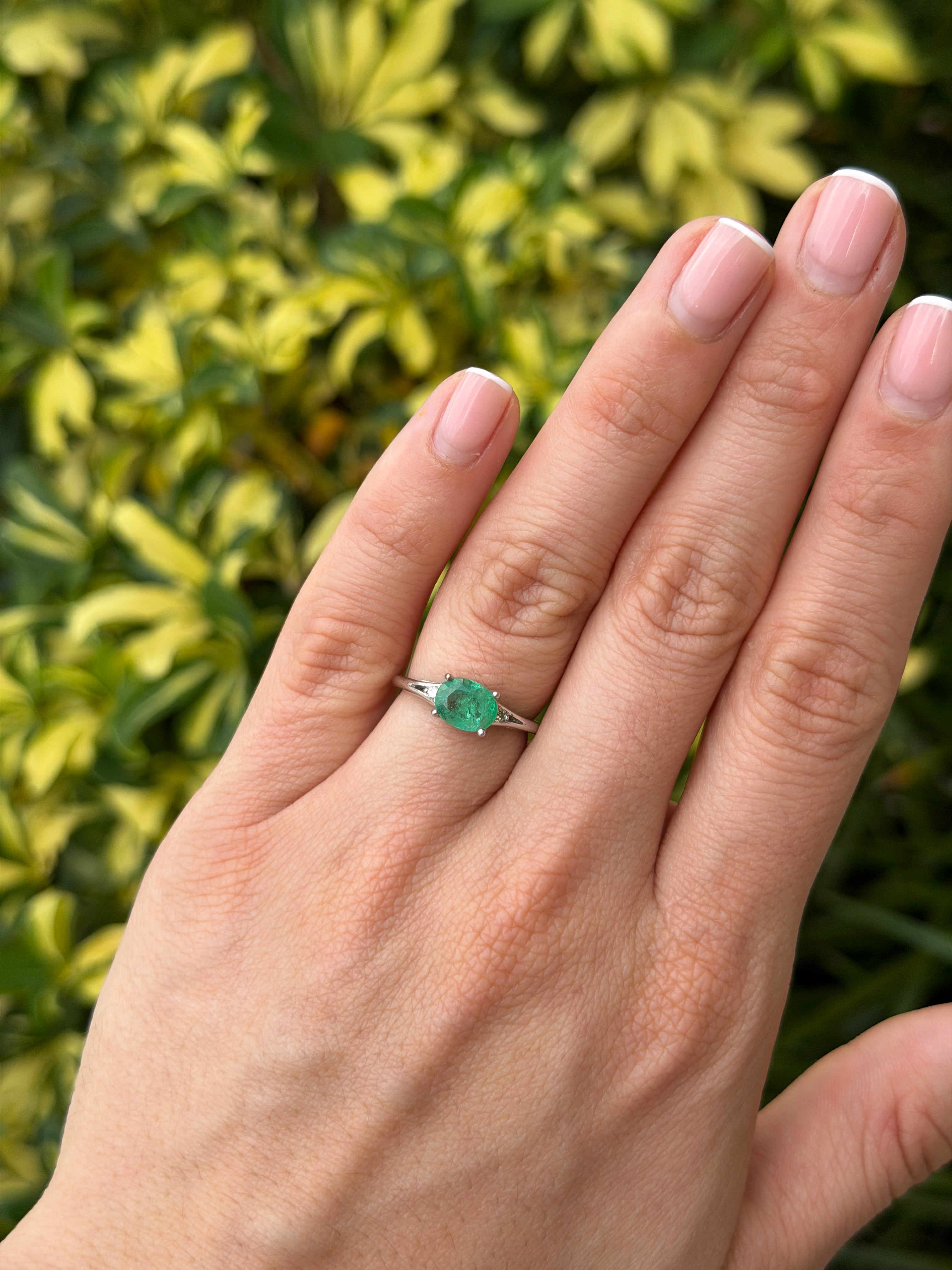 1.42tcw East to West Oval Emerald & Diamond Three Stone Ring 14K White