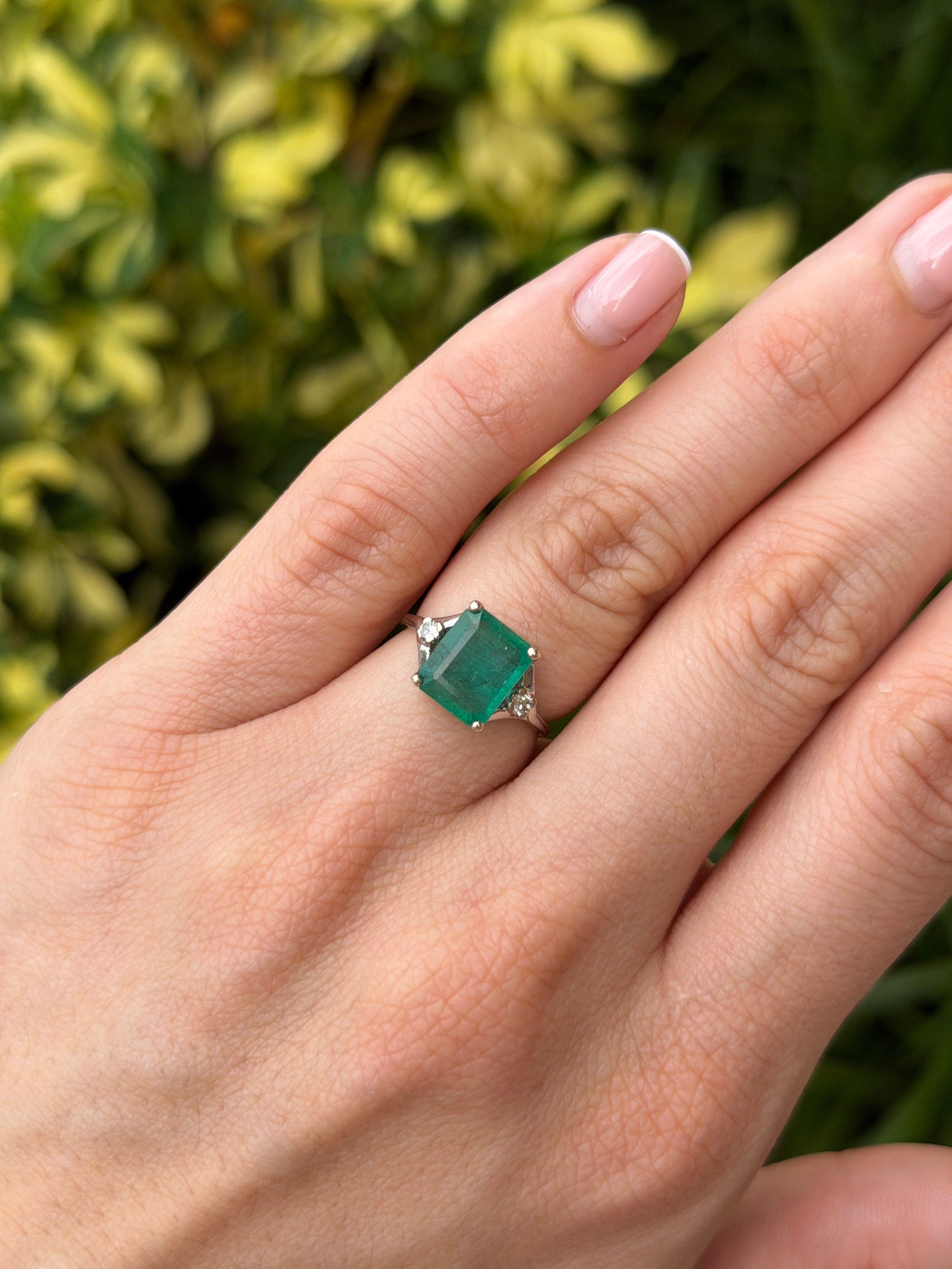 3.20tcw Natural Emerald & Diamond Three Stone Ring 14K White Gold