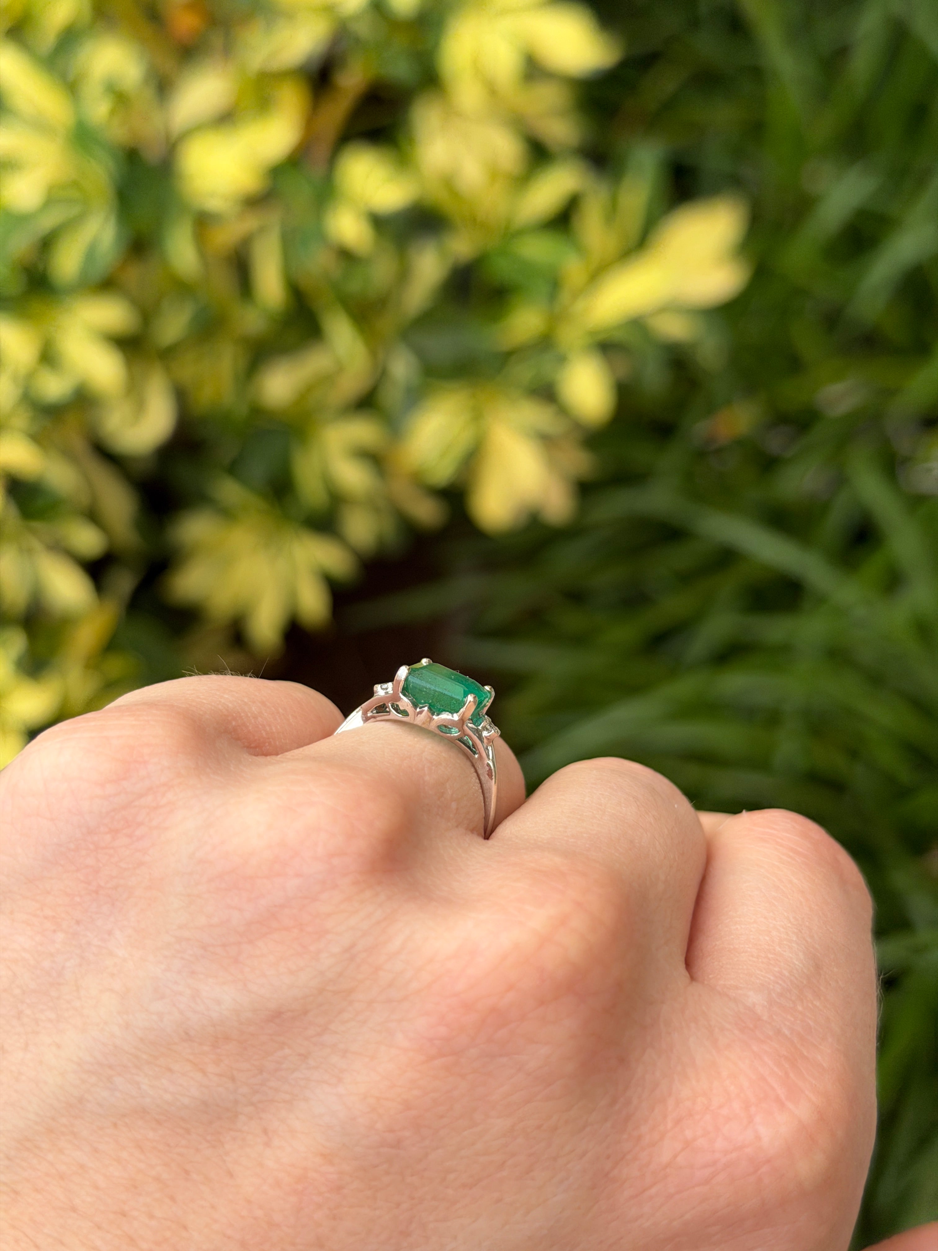 3.20tcw Natural Emerald & Diamond Three Stone Ring 14K White Gold