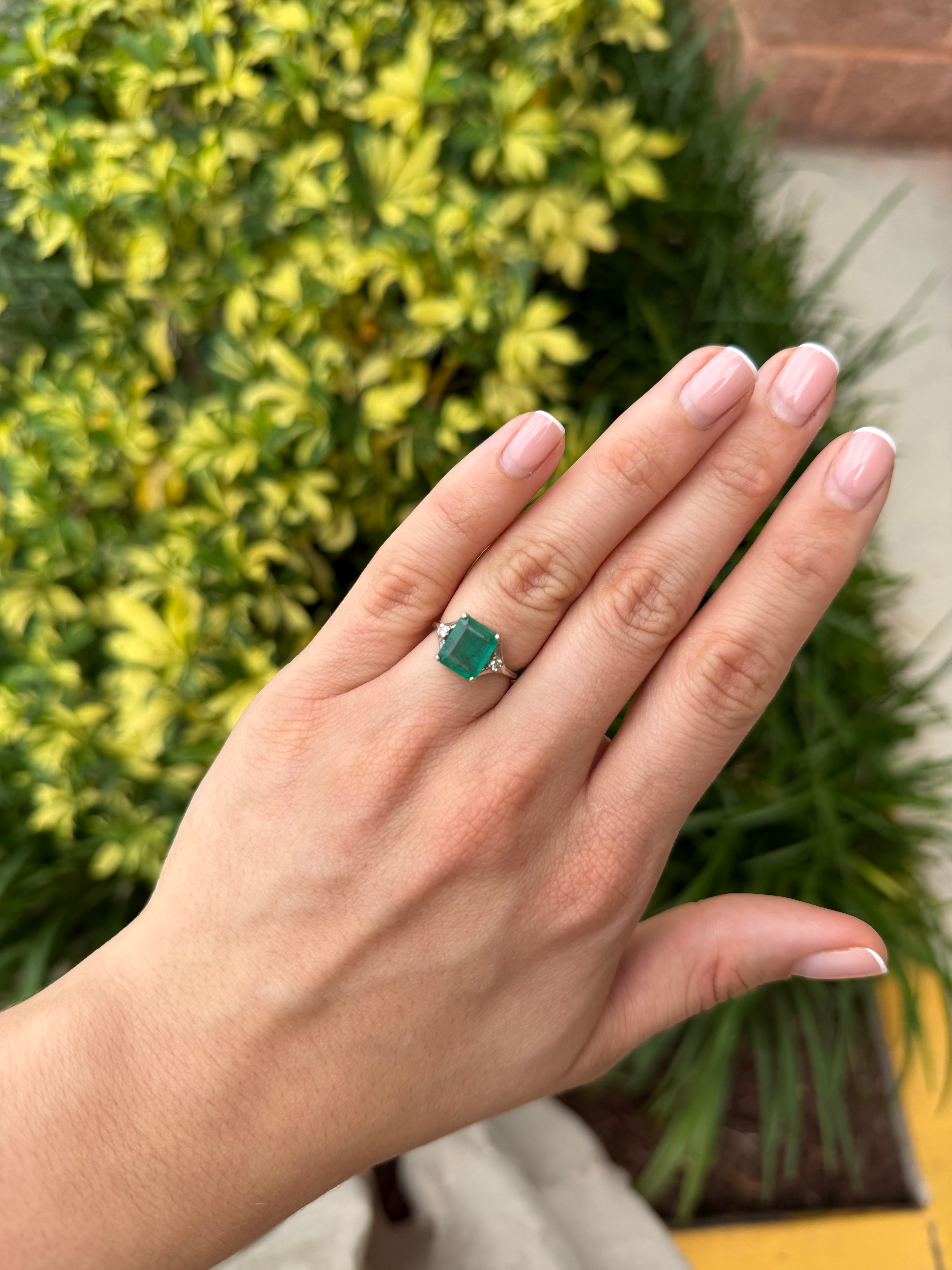 3.20tcw Natural Emerald & Diamond Three Stone Ring 14K White Gold