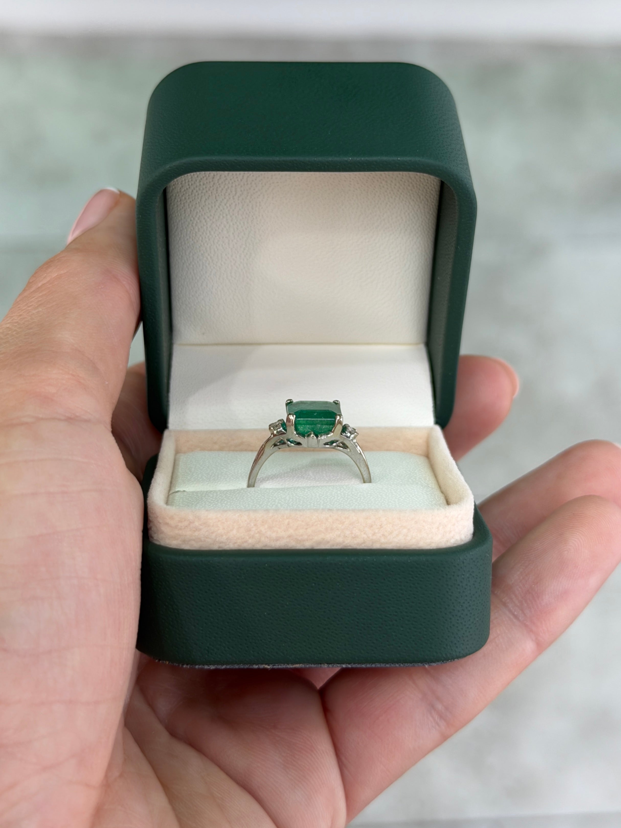 3.20tcw Natural Emerald & Diamond Three Stone Ring 14K White Gold