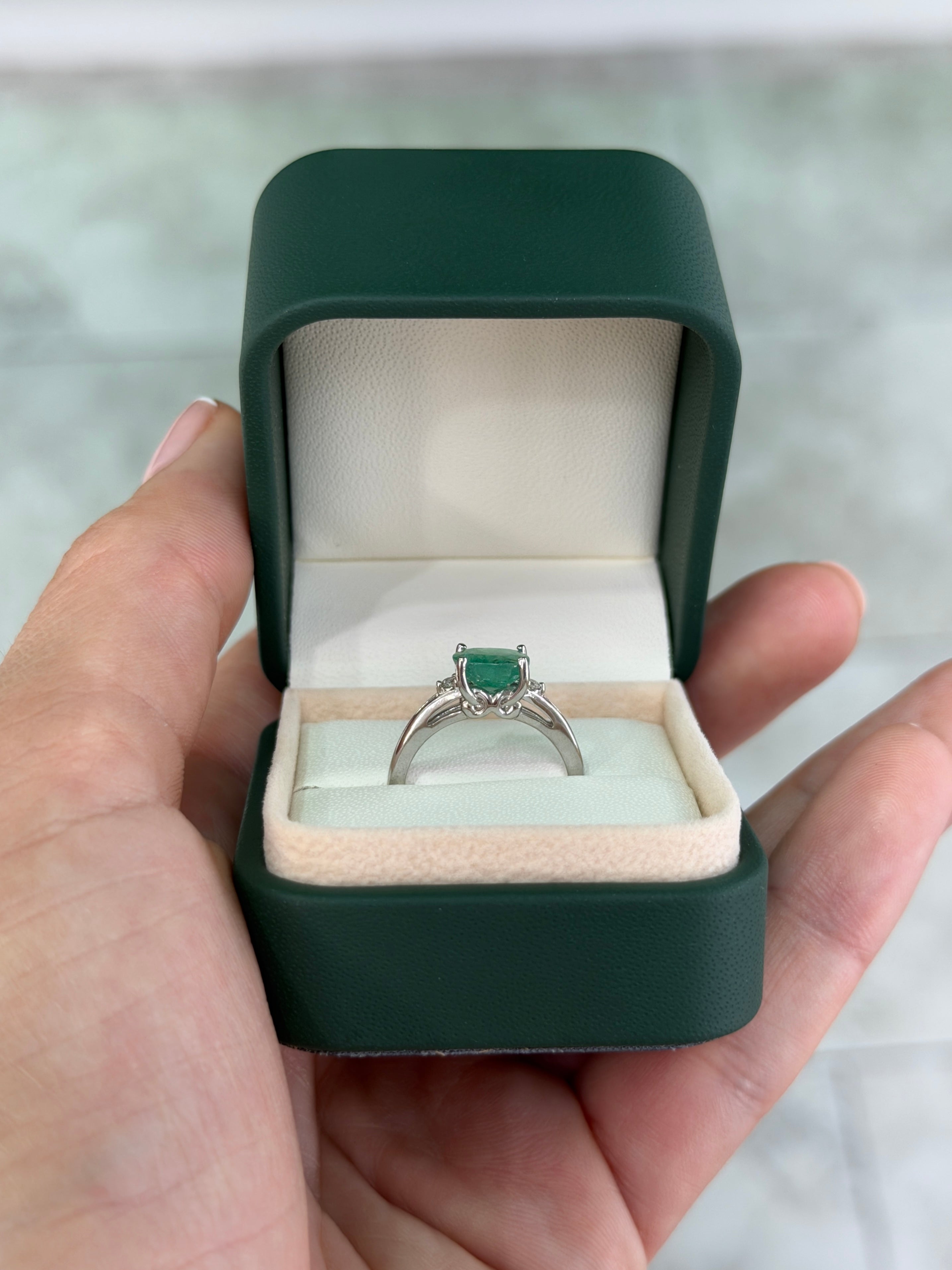 1.42tcw East to West Oval Emerald & Diamond Three Stone Ring 14K White